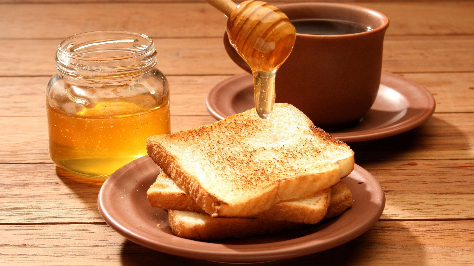 brown honey dipper, toasts, bread, tea, food, breakfast, wood - Material