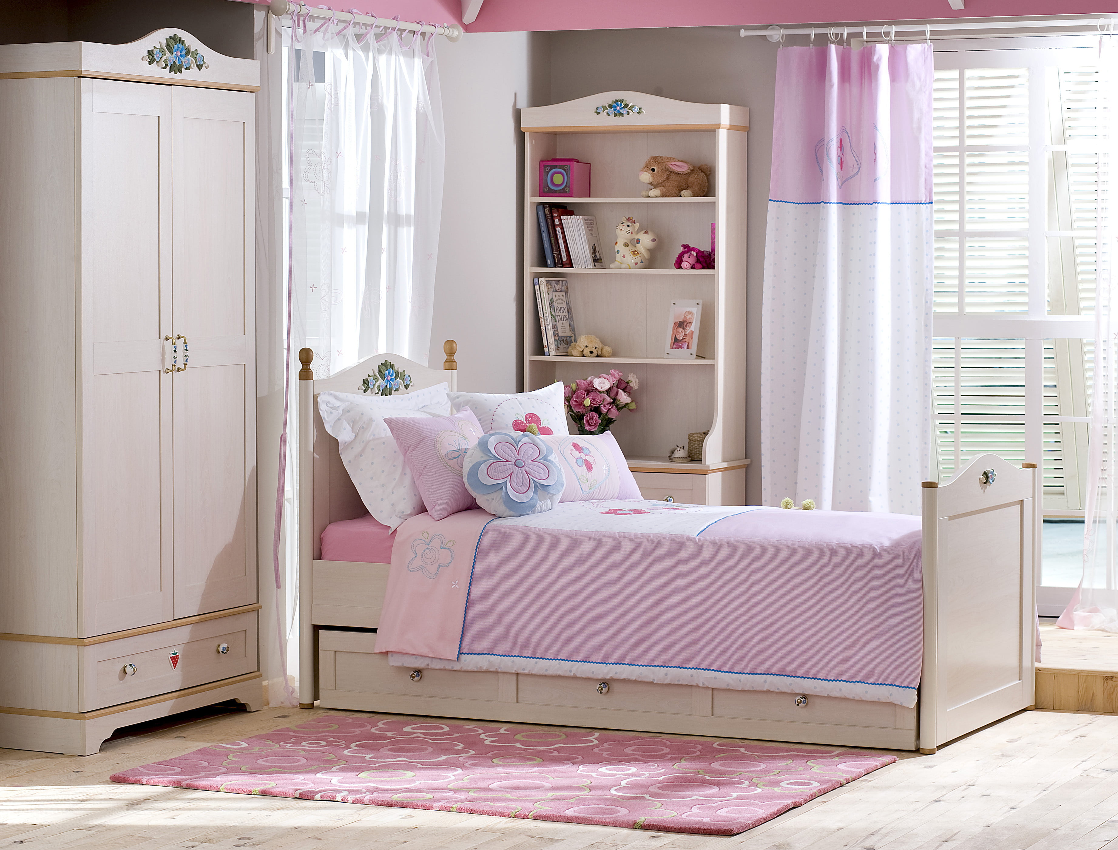 white wooden 2-door cabinet, books, bed, pillow, window, wardrobe