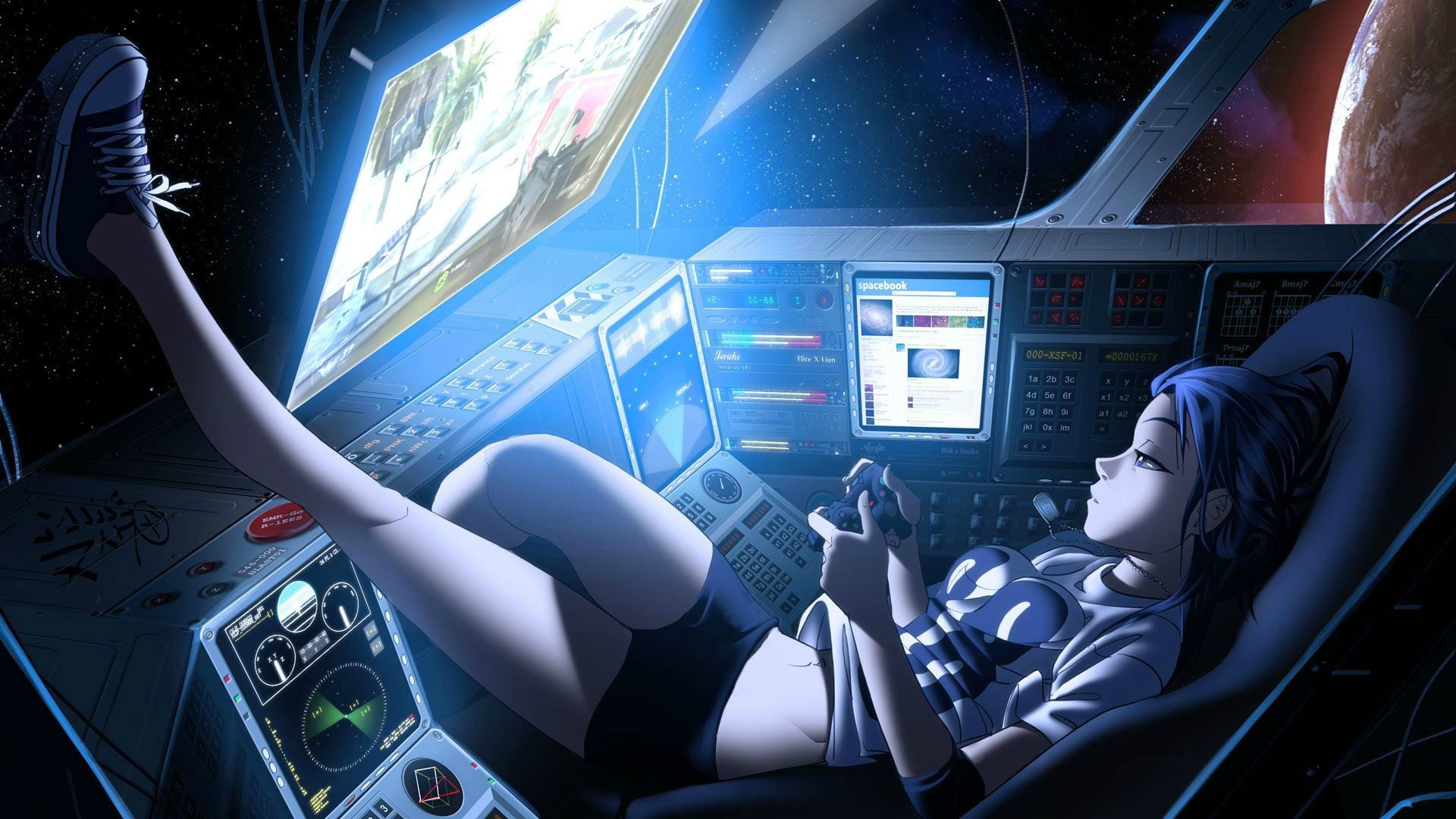 female anime character playing PC game digital wallpaper, artwork
