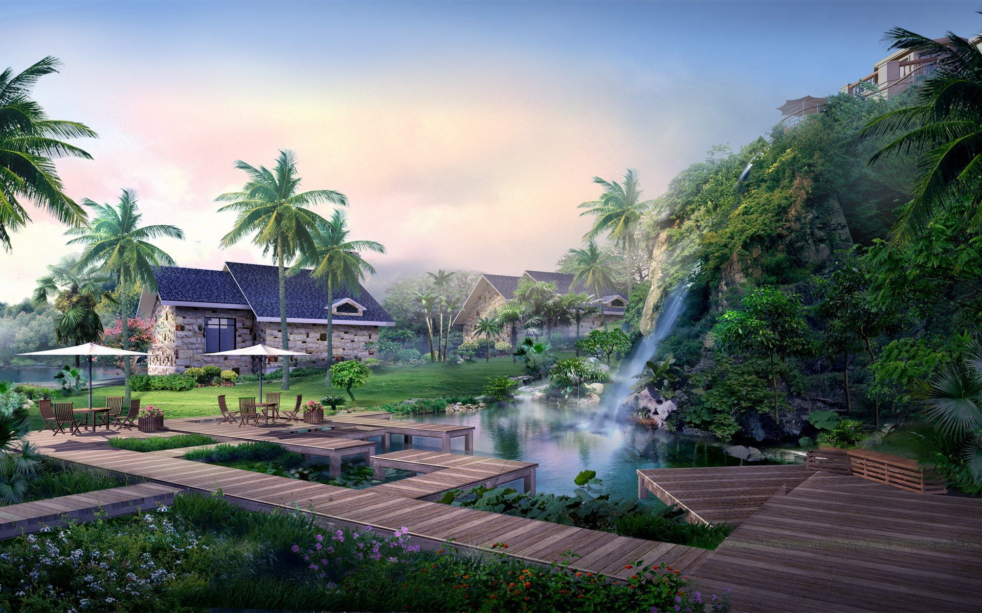palm trees cgi, plant, architecture, built structure, water