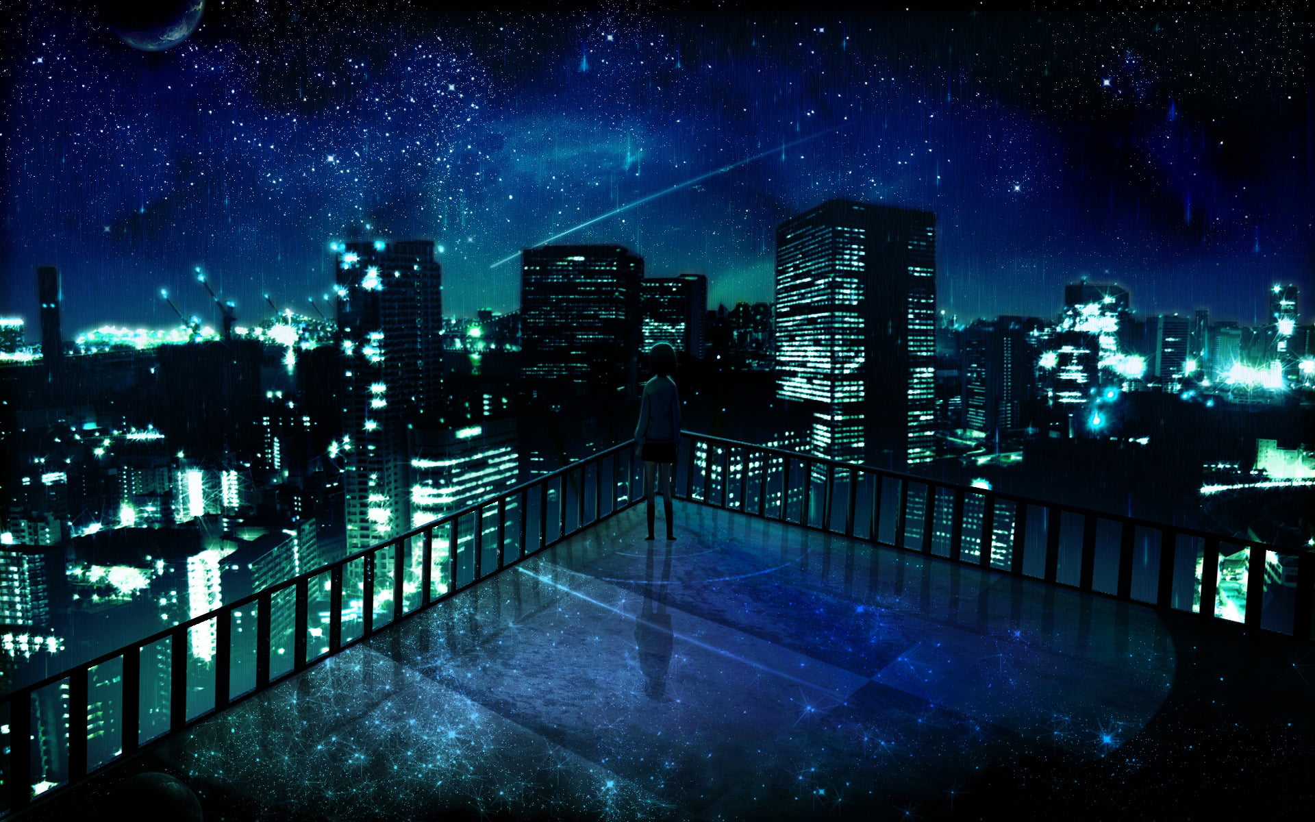 city buildings illustration, anime girls, blue, night, cityscape