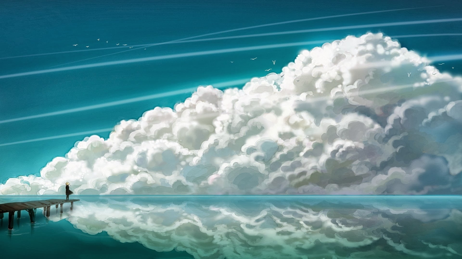 cloudy sky, clouds, cartoon, lake, water, reflection, anime, cloud - sky