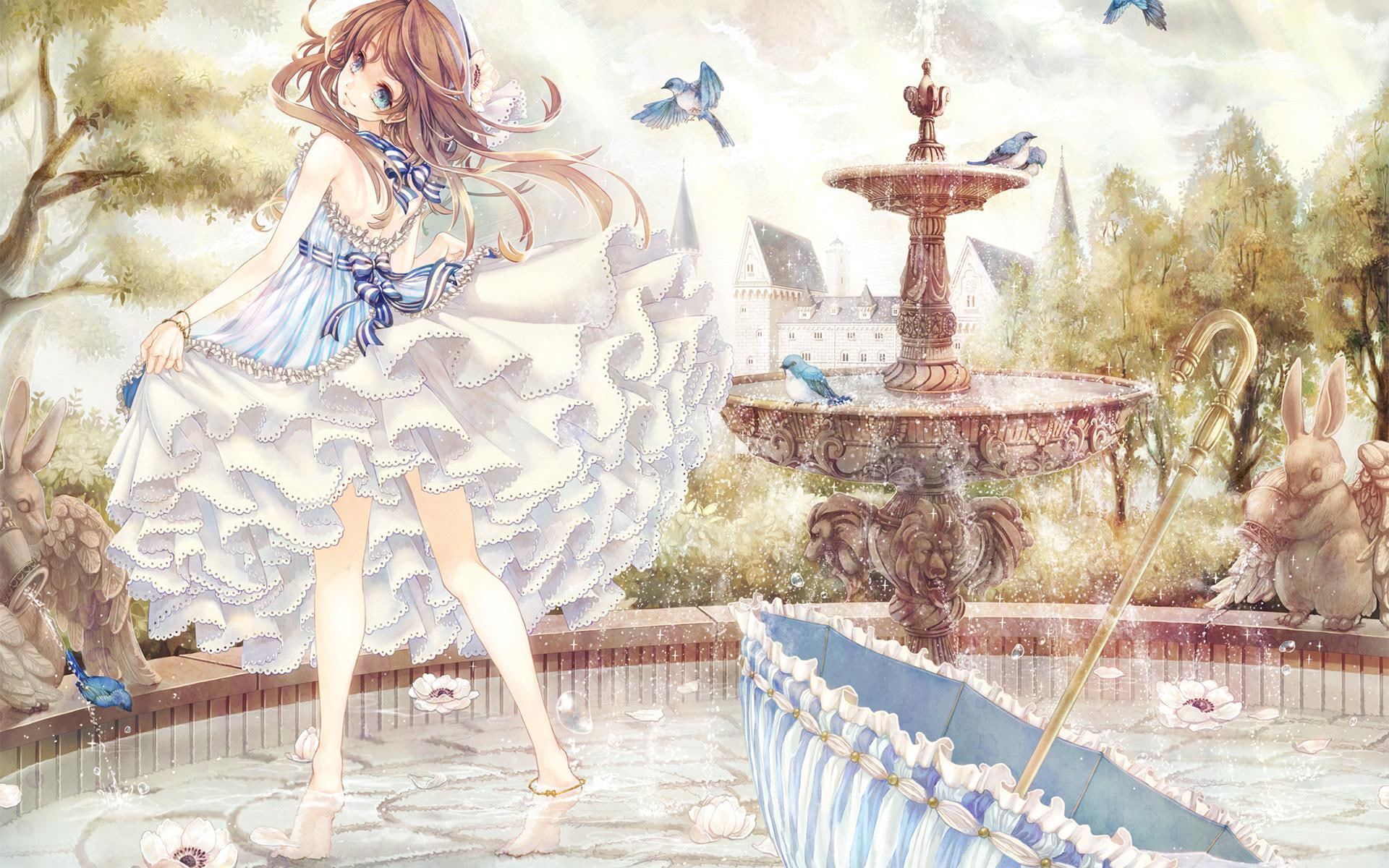 Anime girl, Fountain, Rabbit, Secret Garden, ACG, female anime character with brown hair