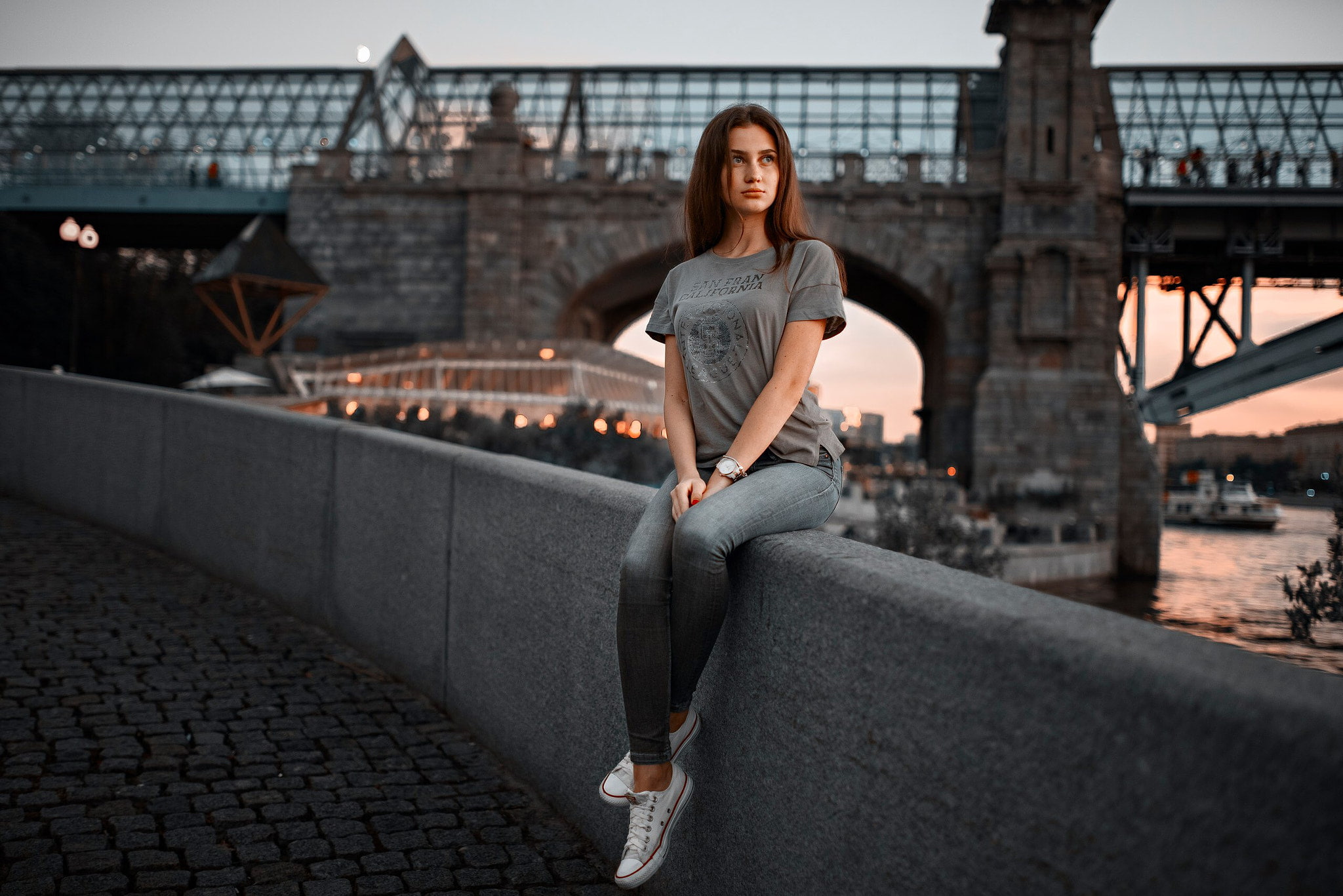portrait, T-shirt, looking away, red nails, sitting, women outdoors