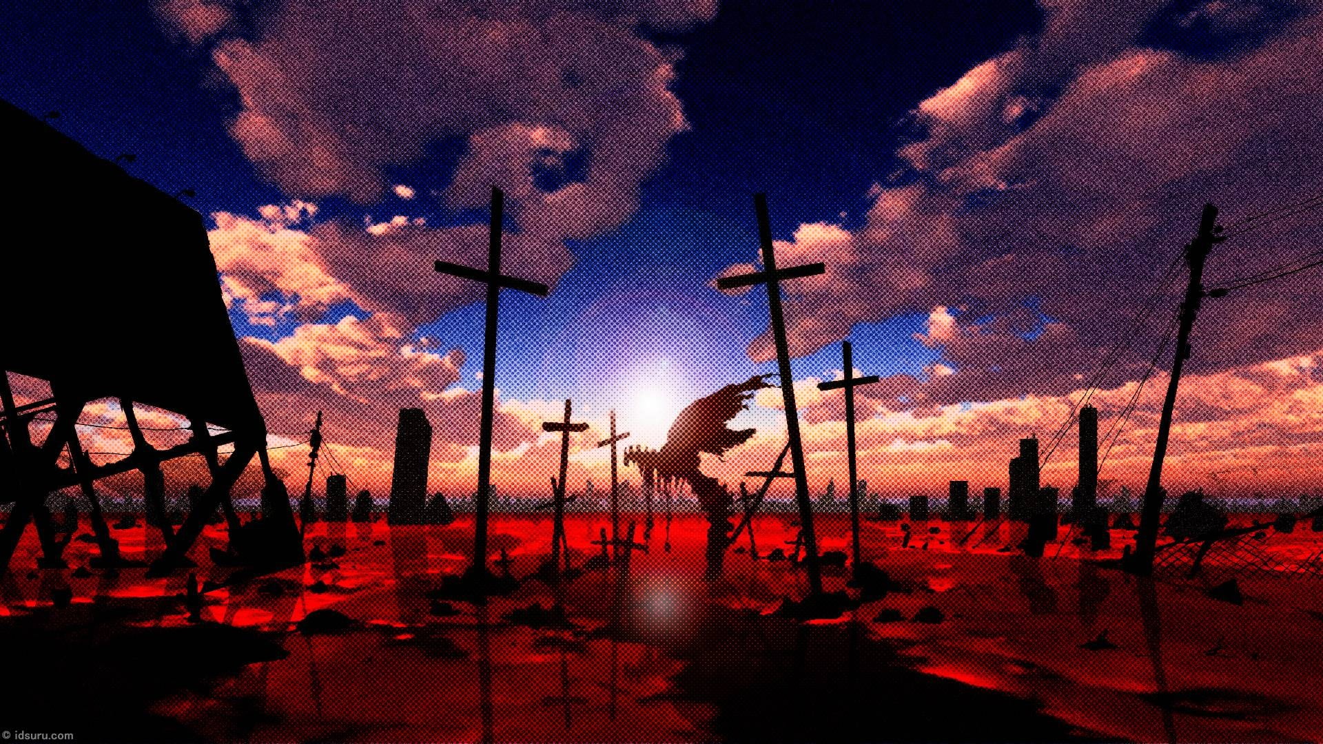 silhouette of crosses under cloudy sky during daytime, Neon Genesis Evangelion