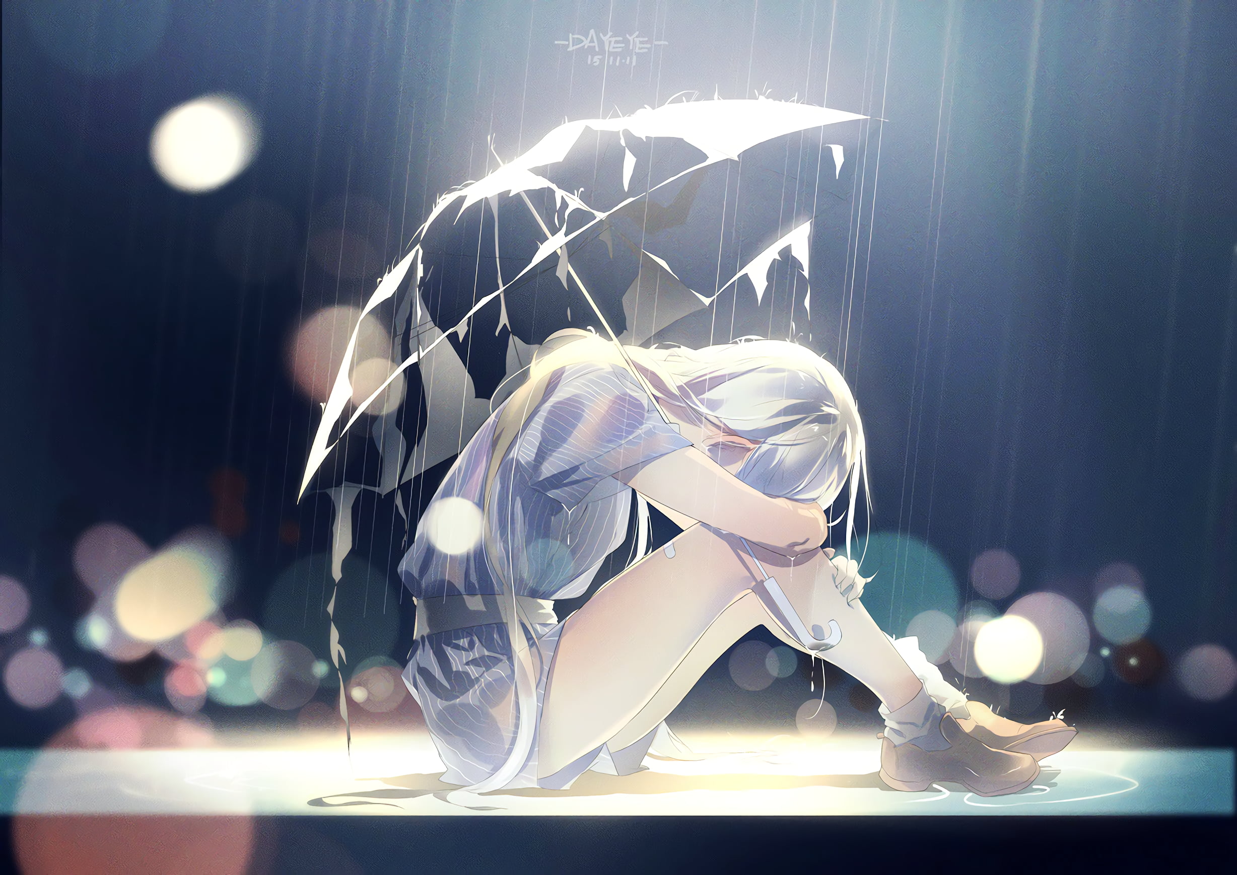 Аниме девушка под дождем на лавочке