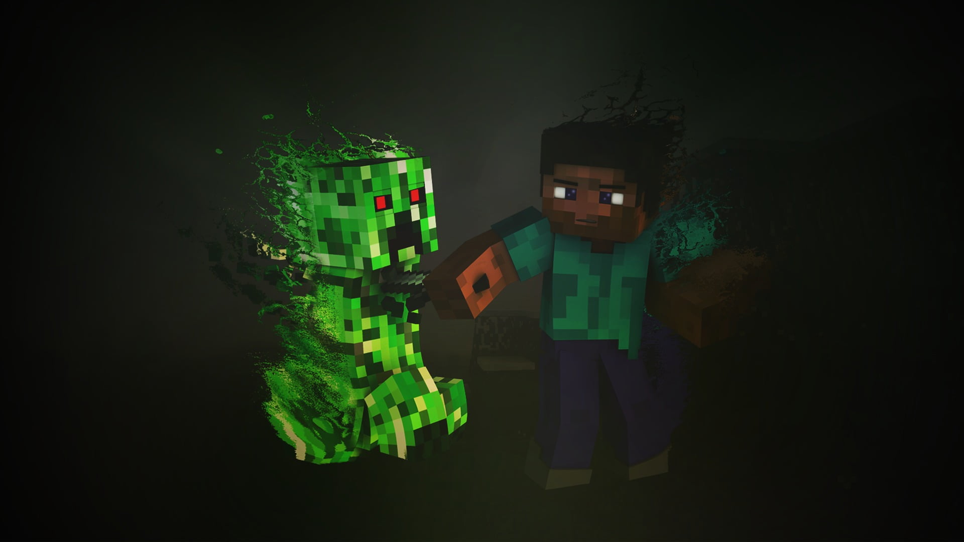 Minecraft Steve and Ghost character, creeper, night, illuminated