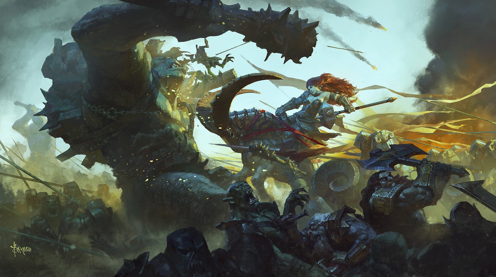 Fantasy, Battle, Axe, Creature, Dwarf, Giant, Orc, Warrior