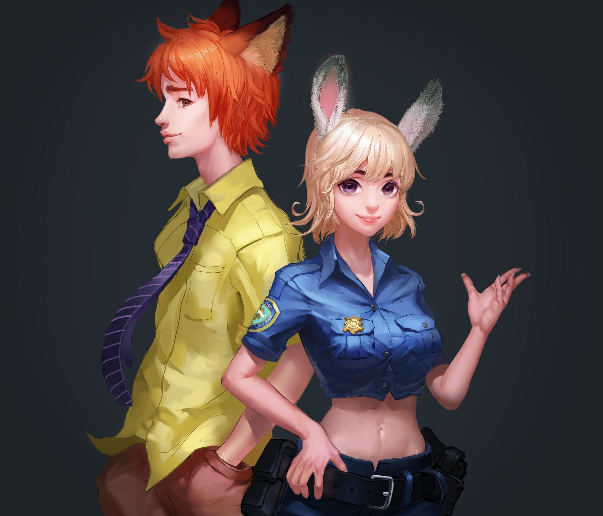 Zootopia, female anime character in blue shirt and female anime character and yellow shirt