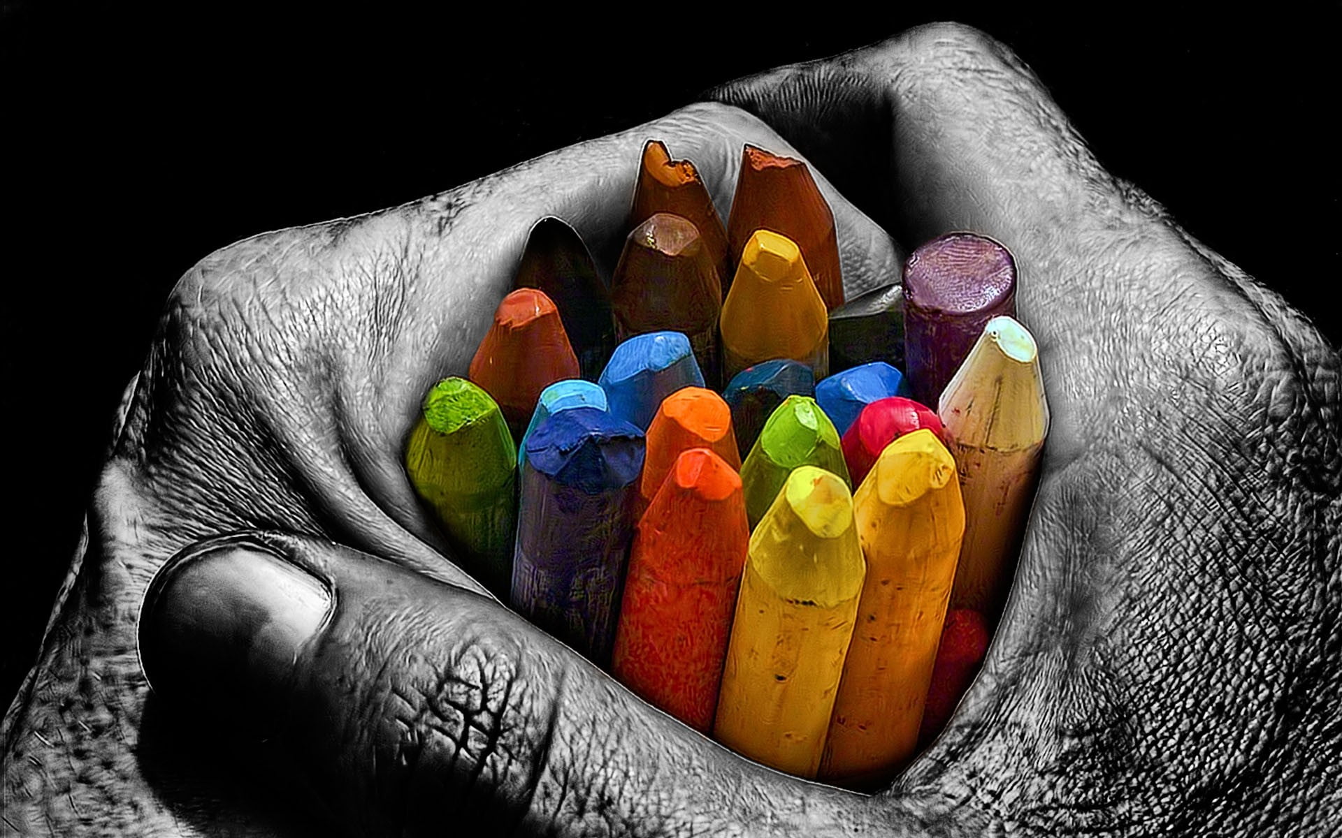 artwork, selective coloring, pencils, colorful, hands, multi colored
