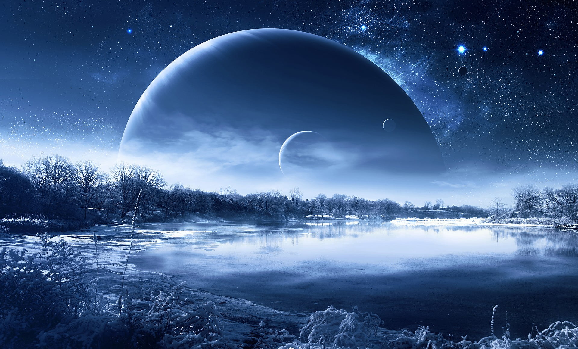 painting of blue moon and planet, stars, galaxy, snow, space art