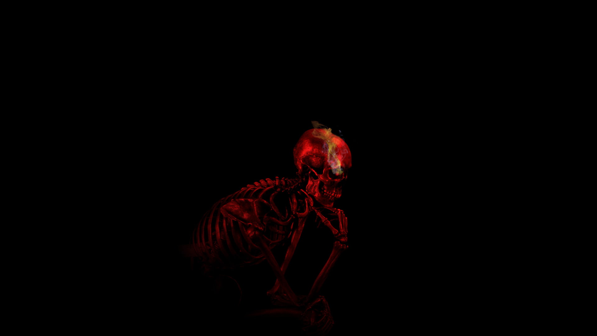 thinking ribs teeth auguste rodin digital art skull black background minimalism red skeleton smoke bones imagination