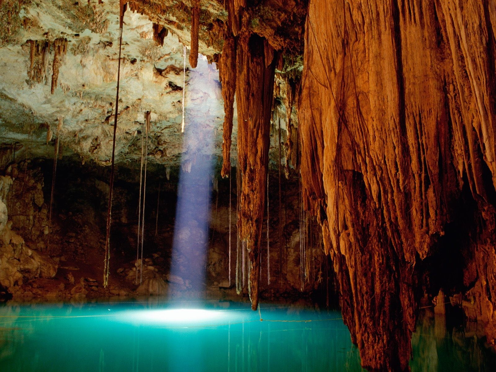 cave with water, nature, stalactites, lake, sunlight, no people