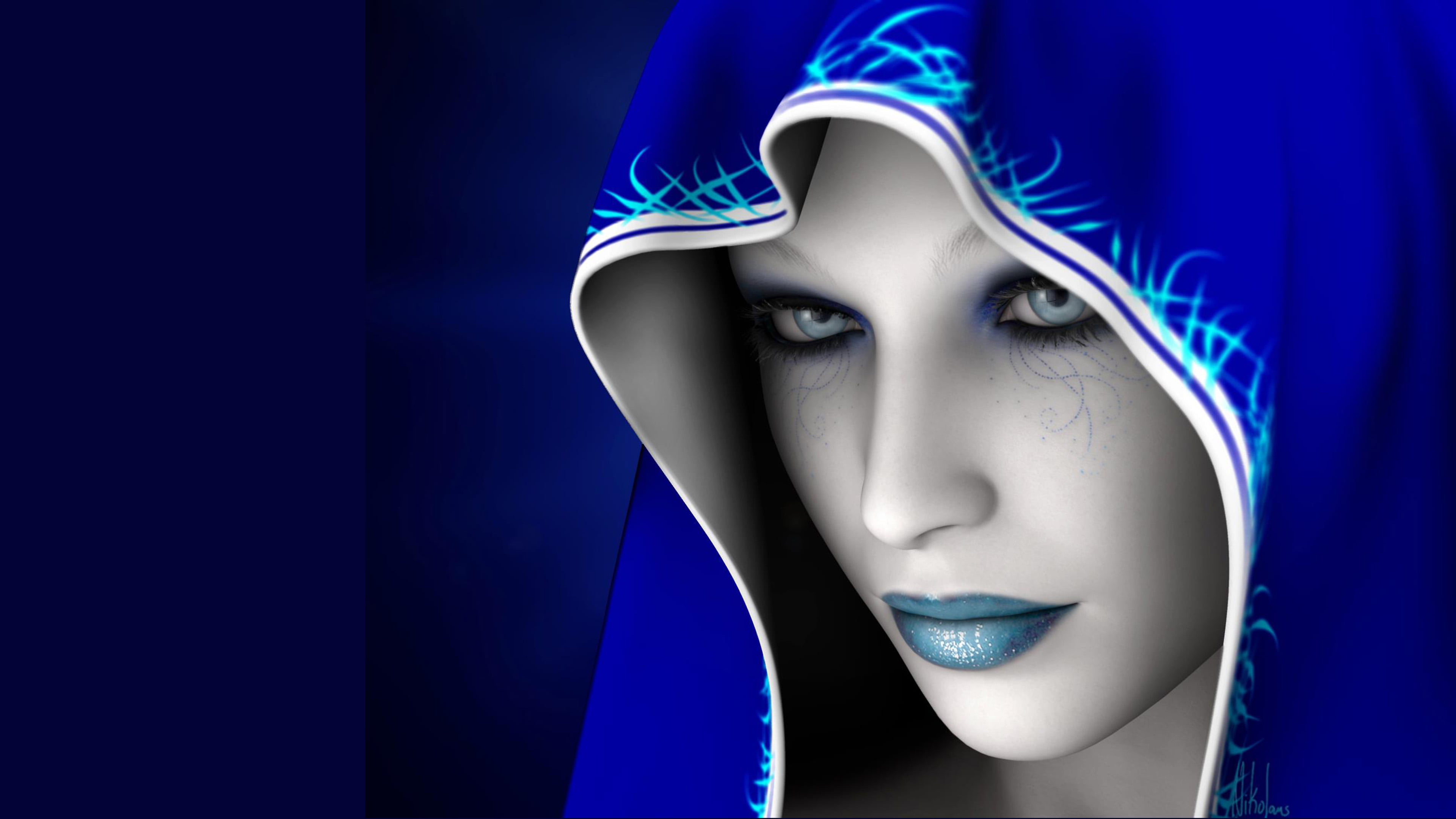 Beautiful young nun in blue costum blue eyes white tan dark blue lipstick fantasy art 4K Wallpapers for Desktop Mobile Phones 3840×2160