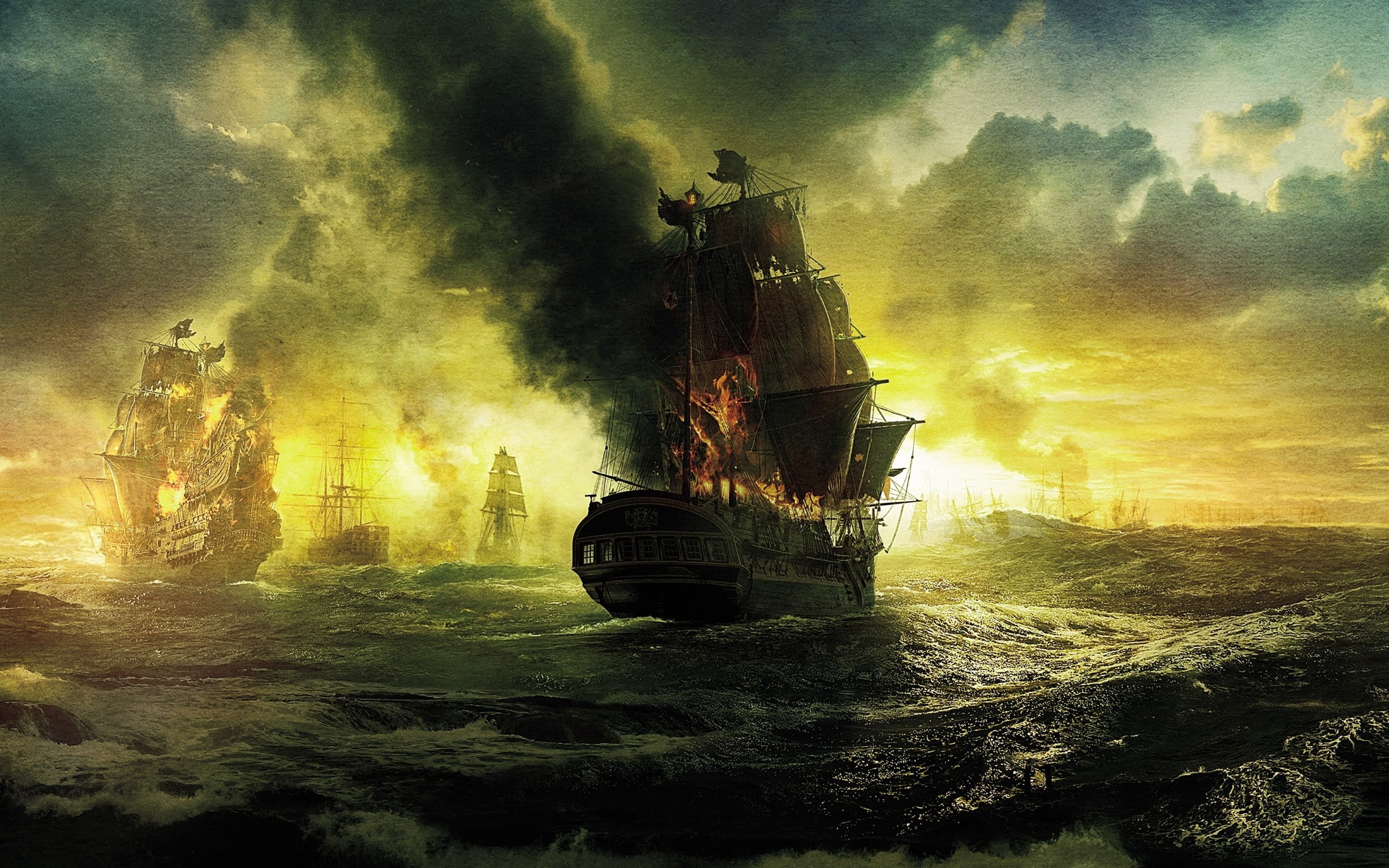 sea, wave, clouds, fire, ships, sails, Pirates of the Caribbean