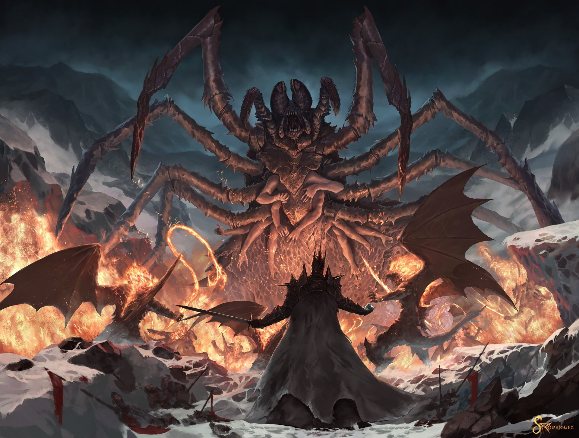 fantasy creature, monster, spider, demons, wings, fire, nature