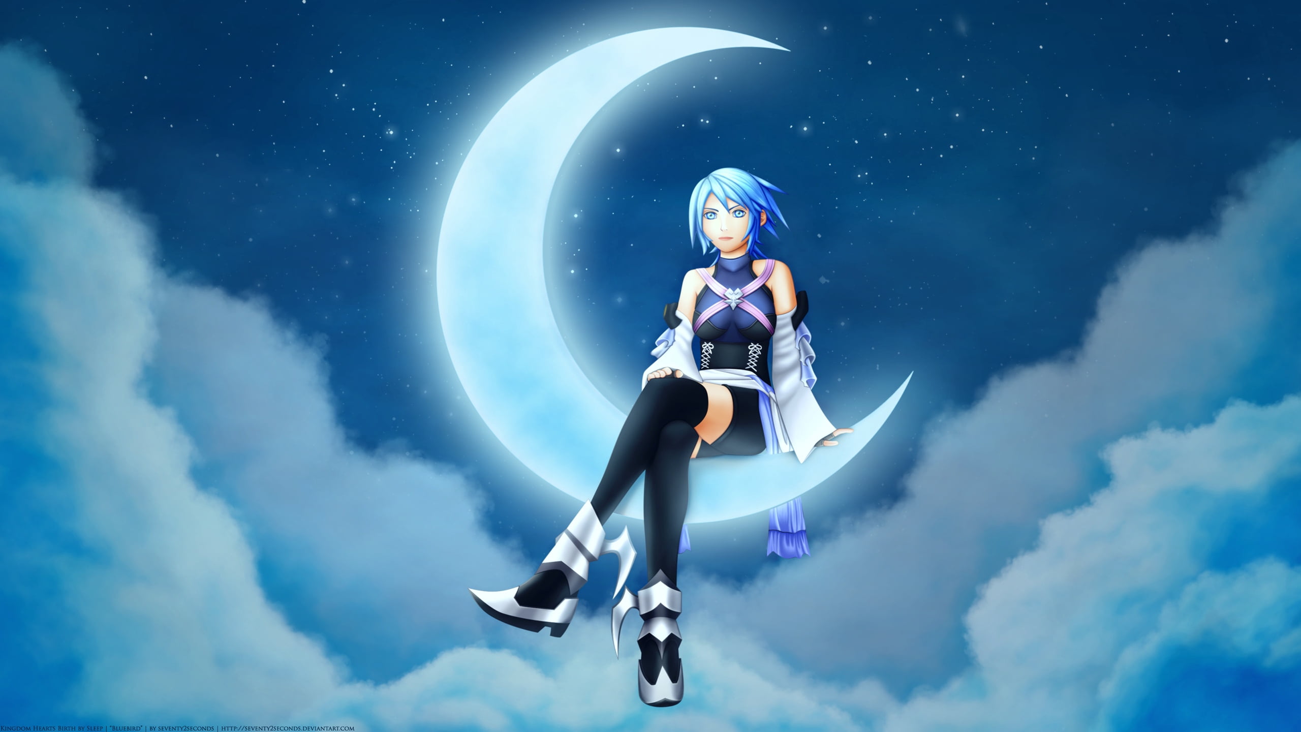 woman sitting on moon digital wallpaper, anime, girl, stars, night
