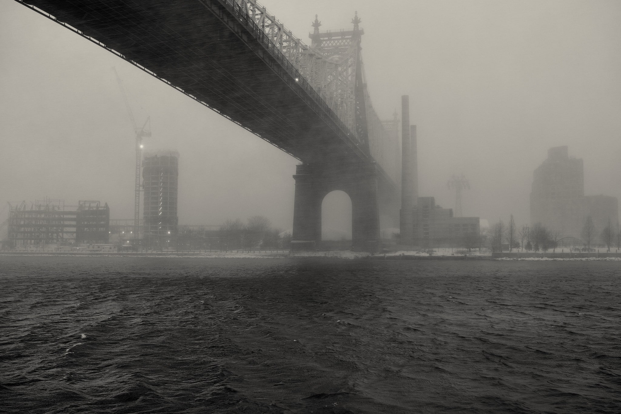 bridge, mist, Queensboro Bridge, New York City, monochrome