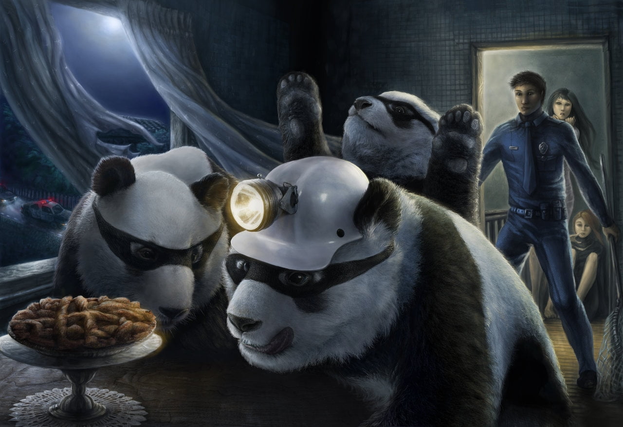 Plans gone wrong, panda, cute, fantasy, luminos, bear, pie