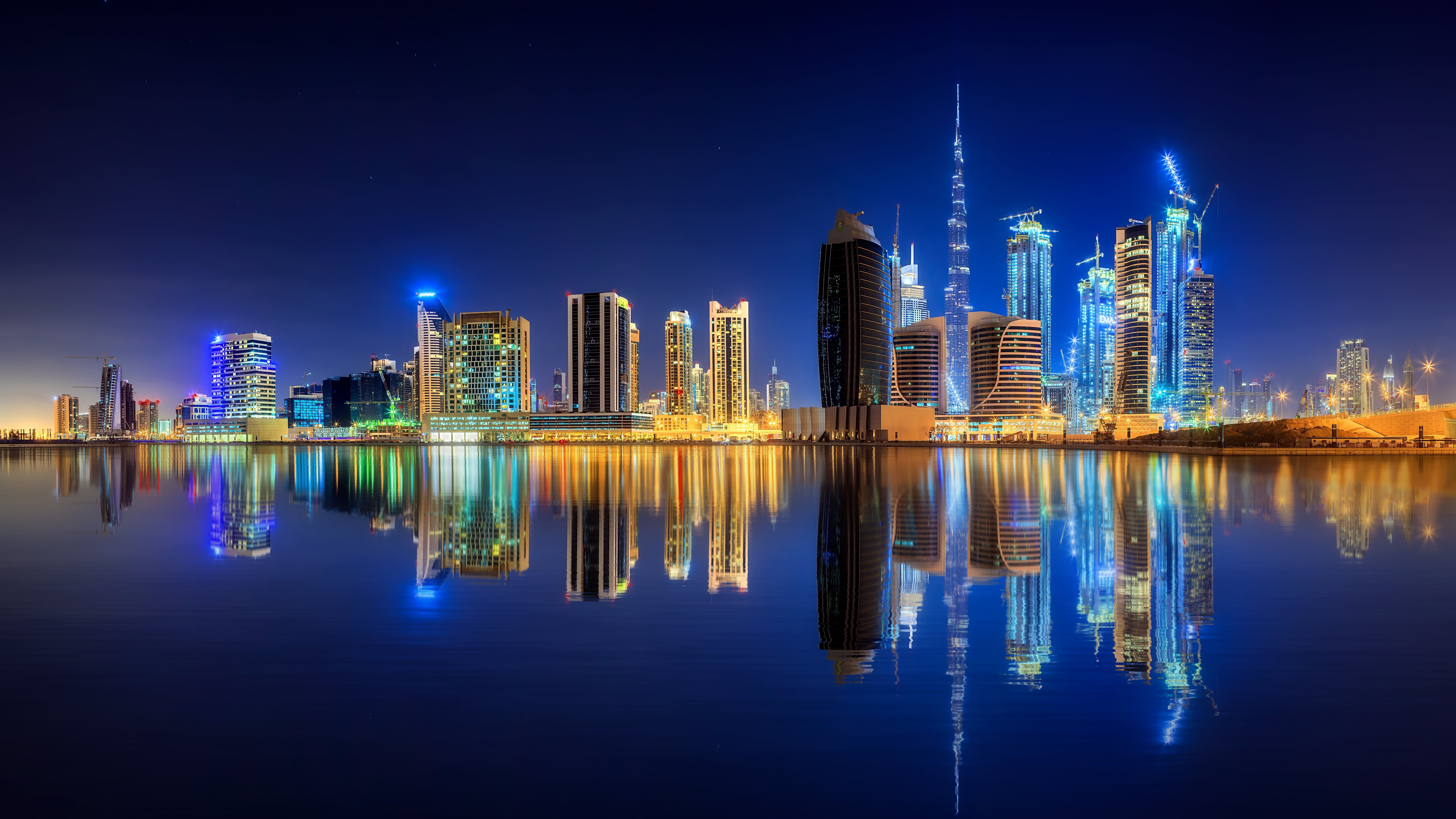 dubai, city lights, 8k, uae, downtown, water, united arab emirates