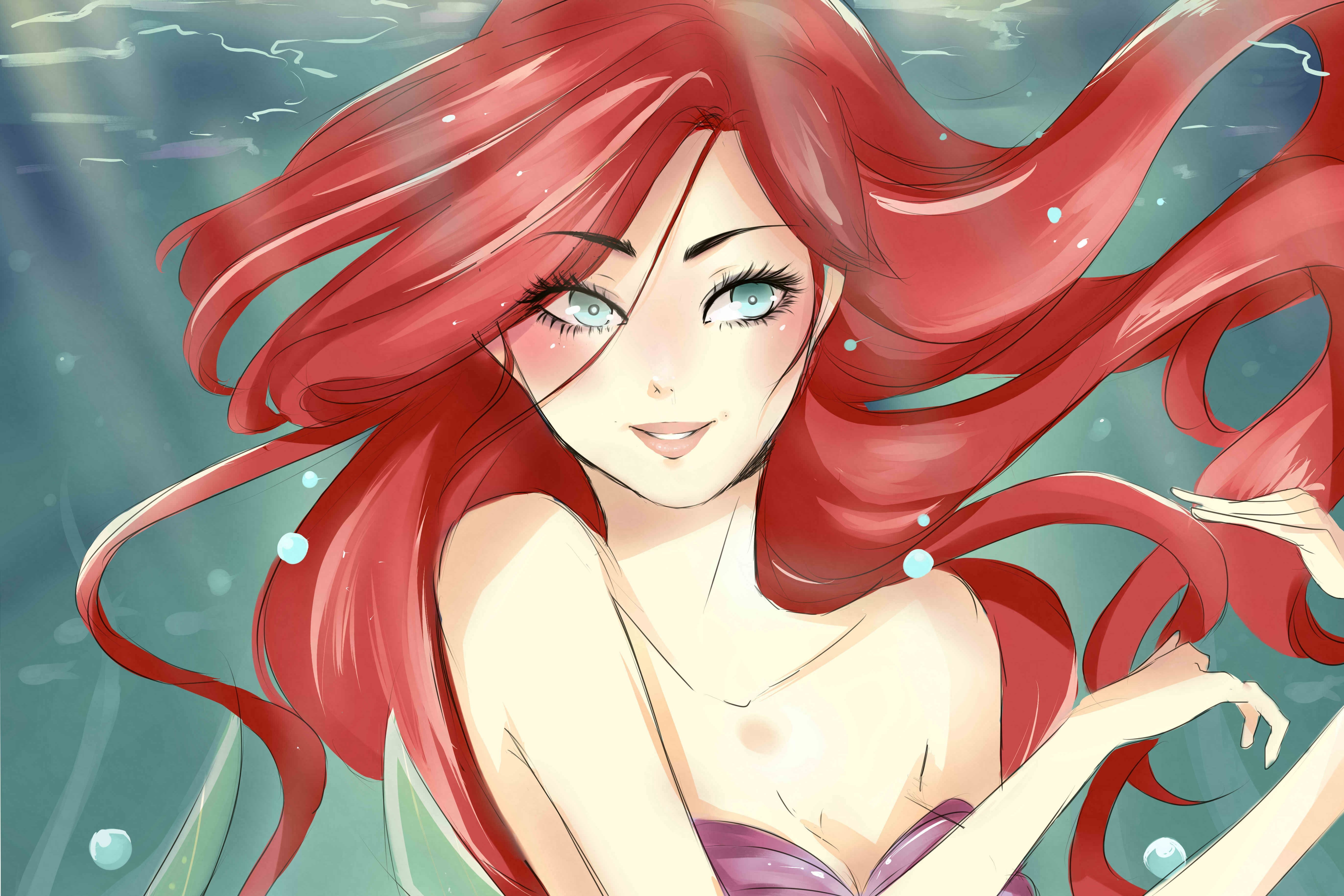 mermaid illustration, eyes, look, hands, art, painting, Ariel