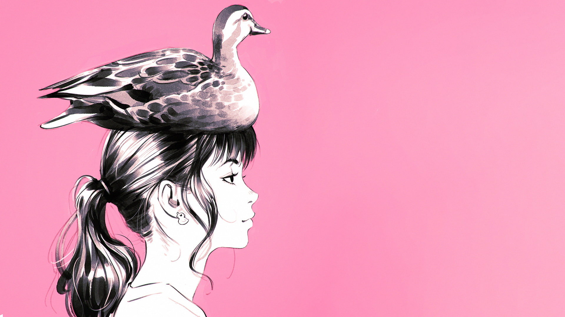 anime girl, duck on head, profile view, semi realistic