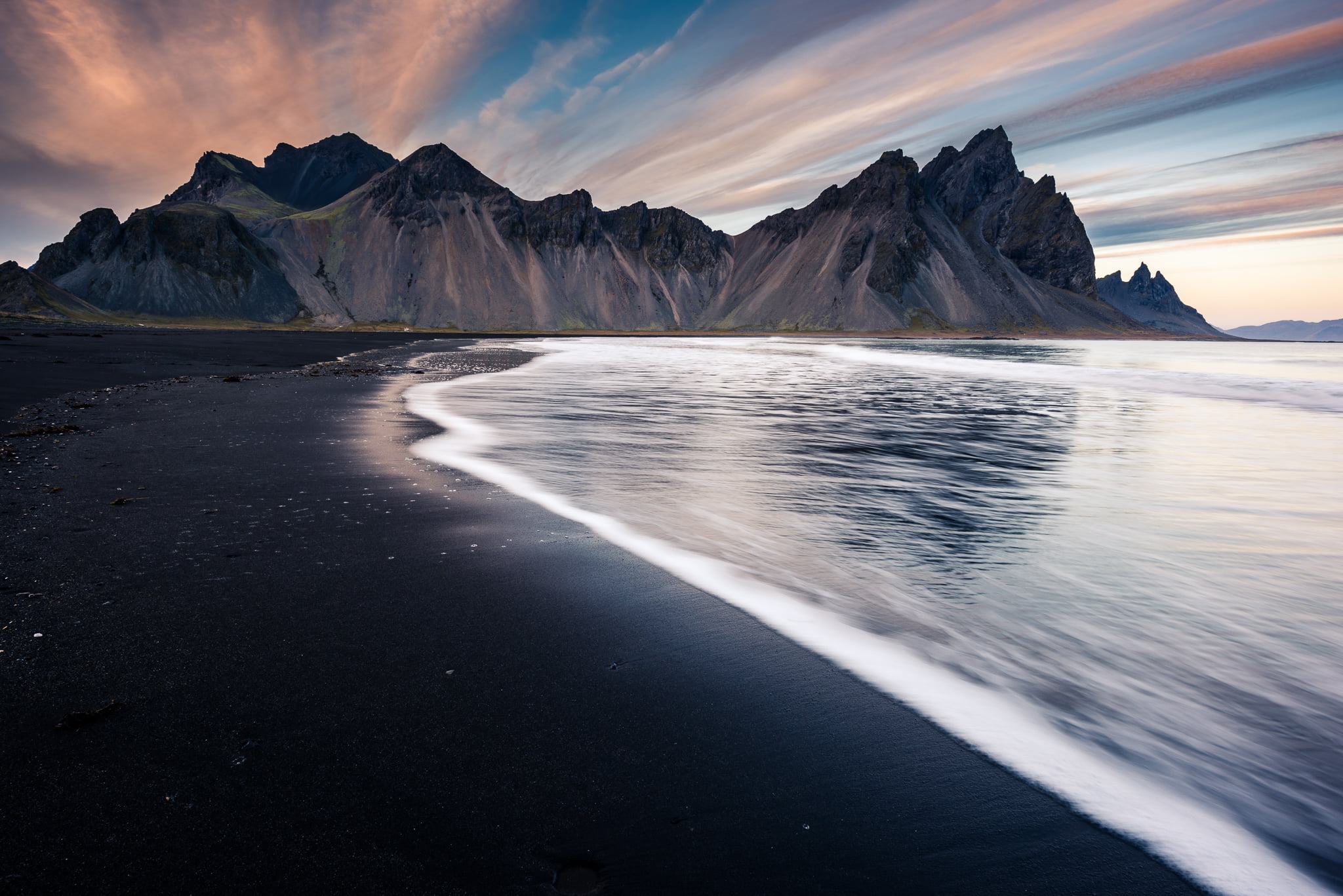 black sand seashore and gray mountain, iceland, islandia, landscape