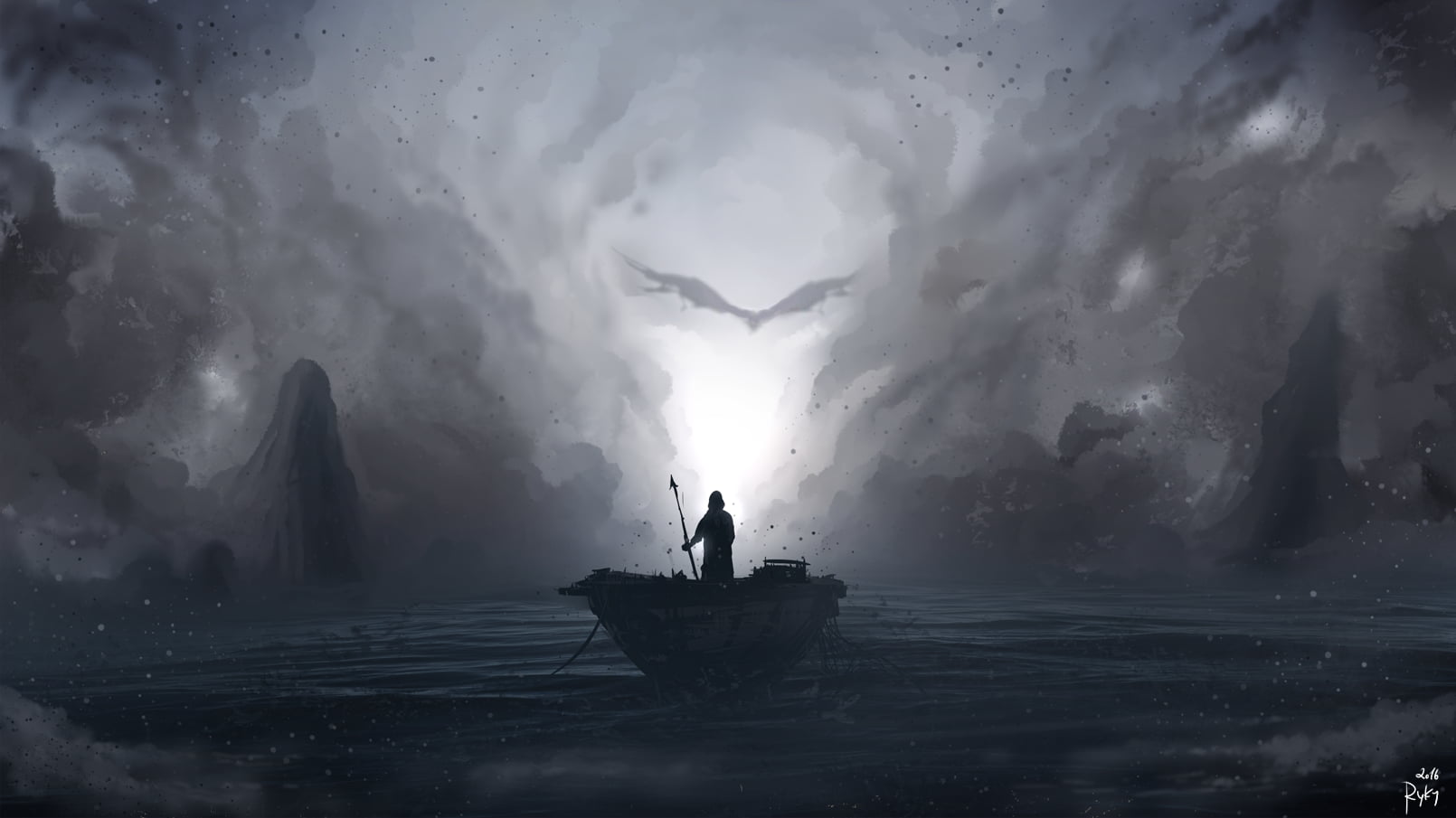 person on boat painting, digital art, landscape, dragon, drawing