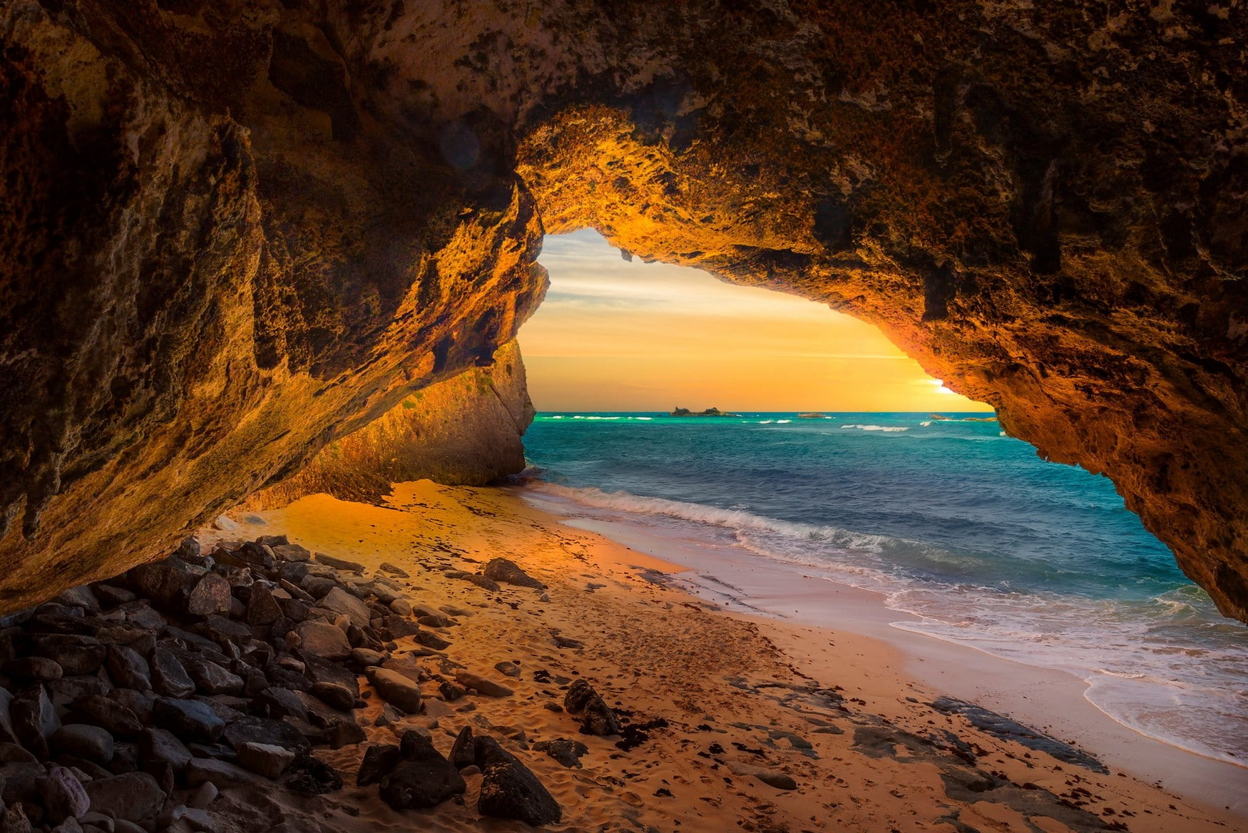 cave, sea, sand, rock, island, sunlight, nature, sunset, landscape