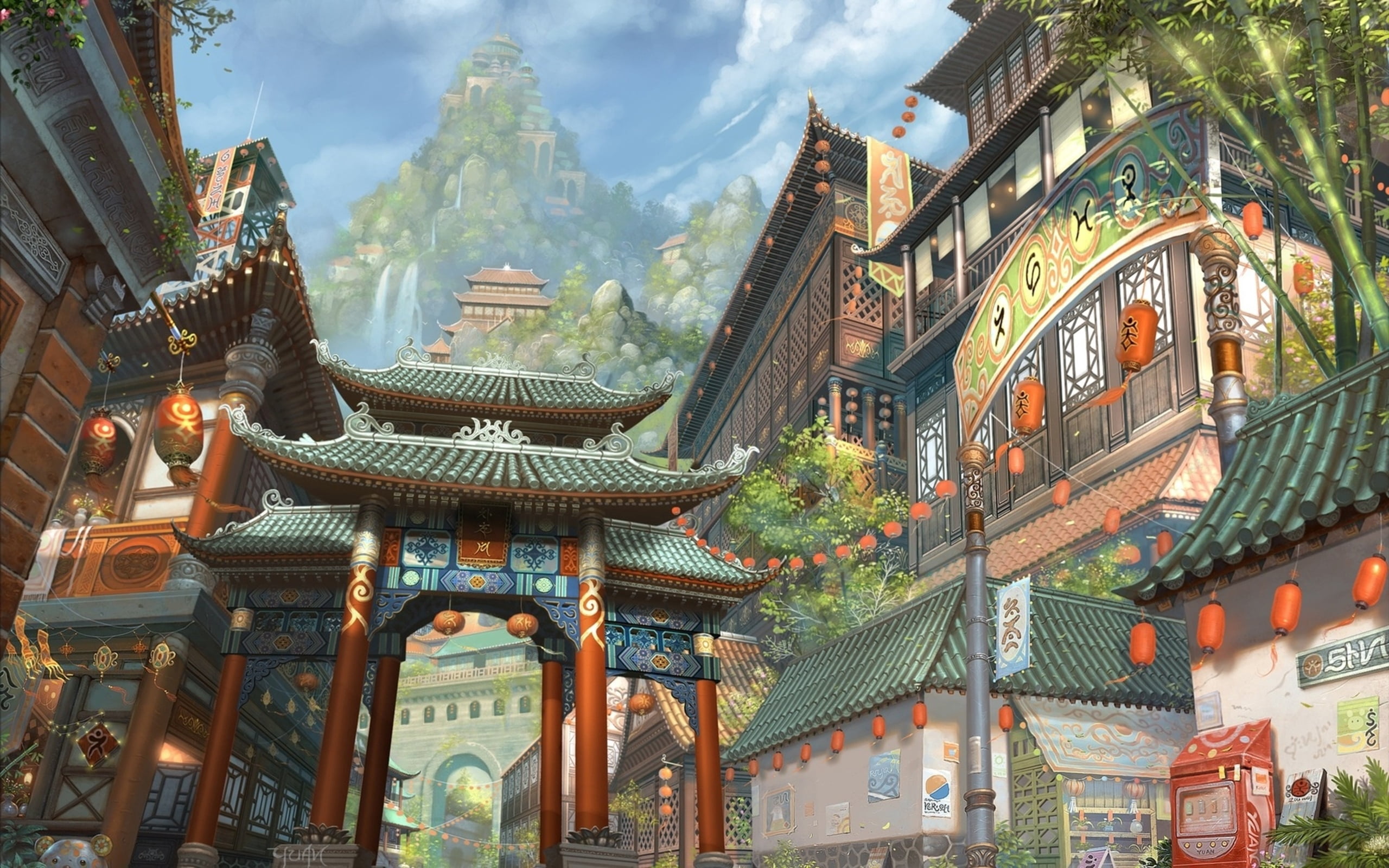 Chinese lantern, gate, and house digital wallpaper, art, asia