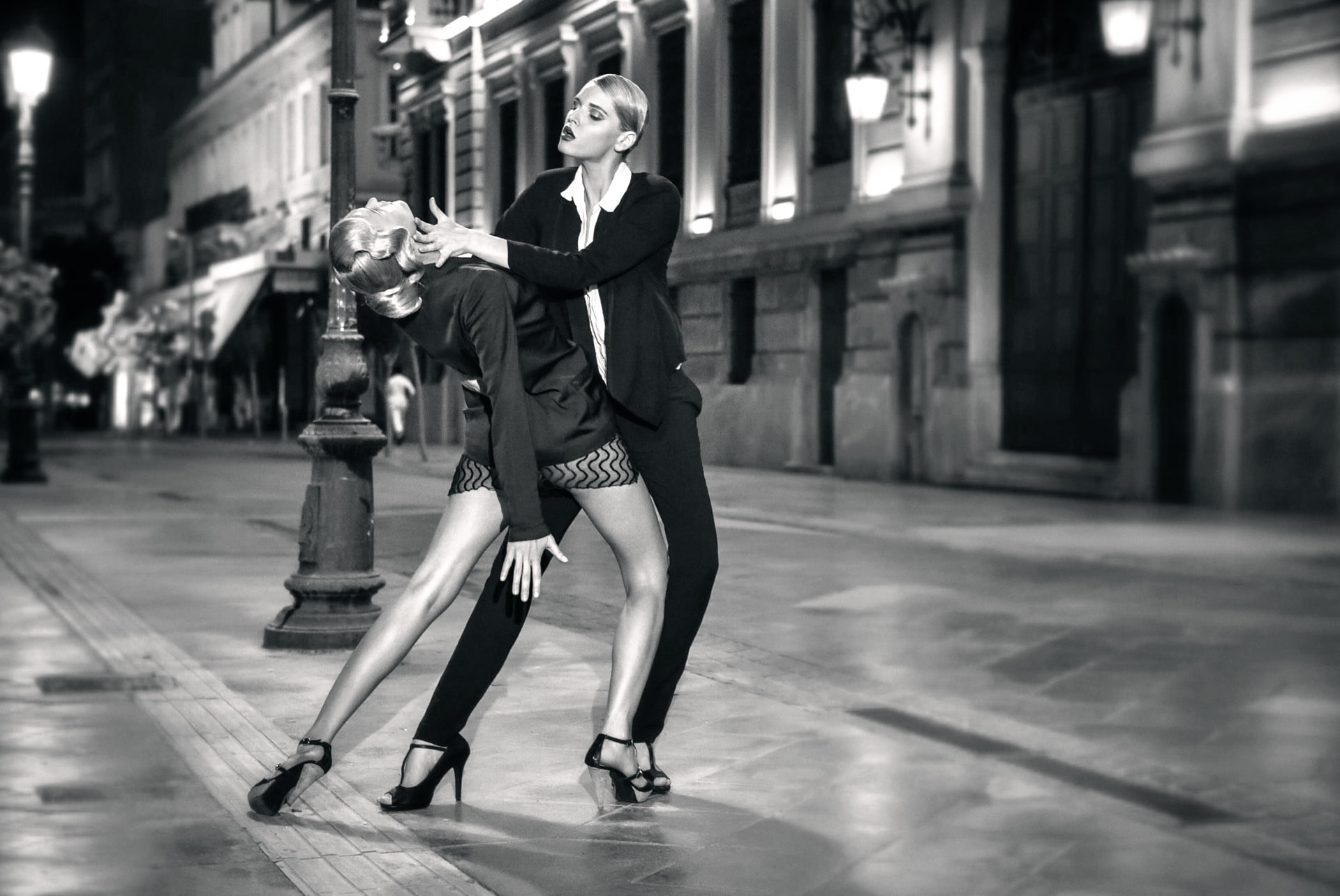 grayscale photography of two women dancing, girls, street, dance