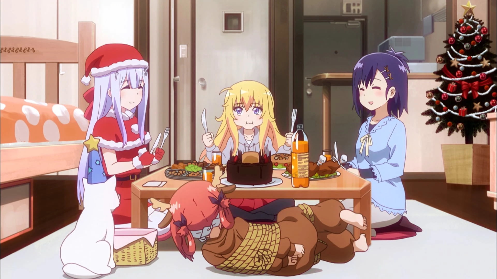 Gabriel Dropout, anime girls, Christmas, Santa costume, Christmas tree