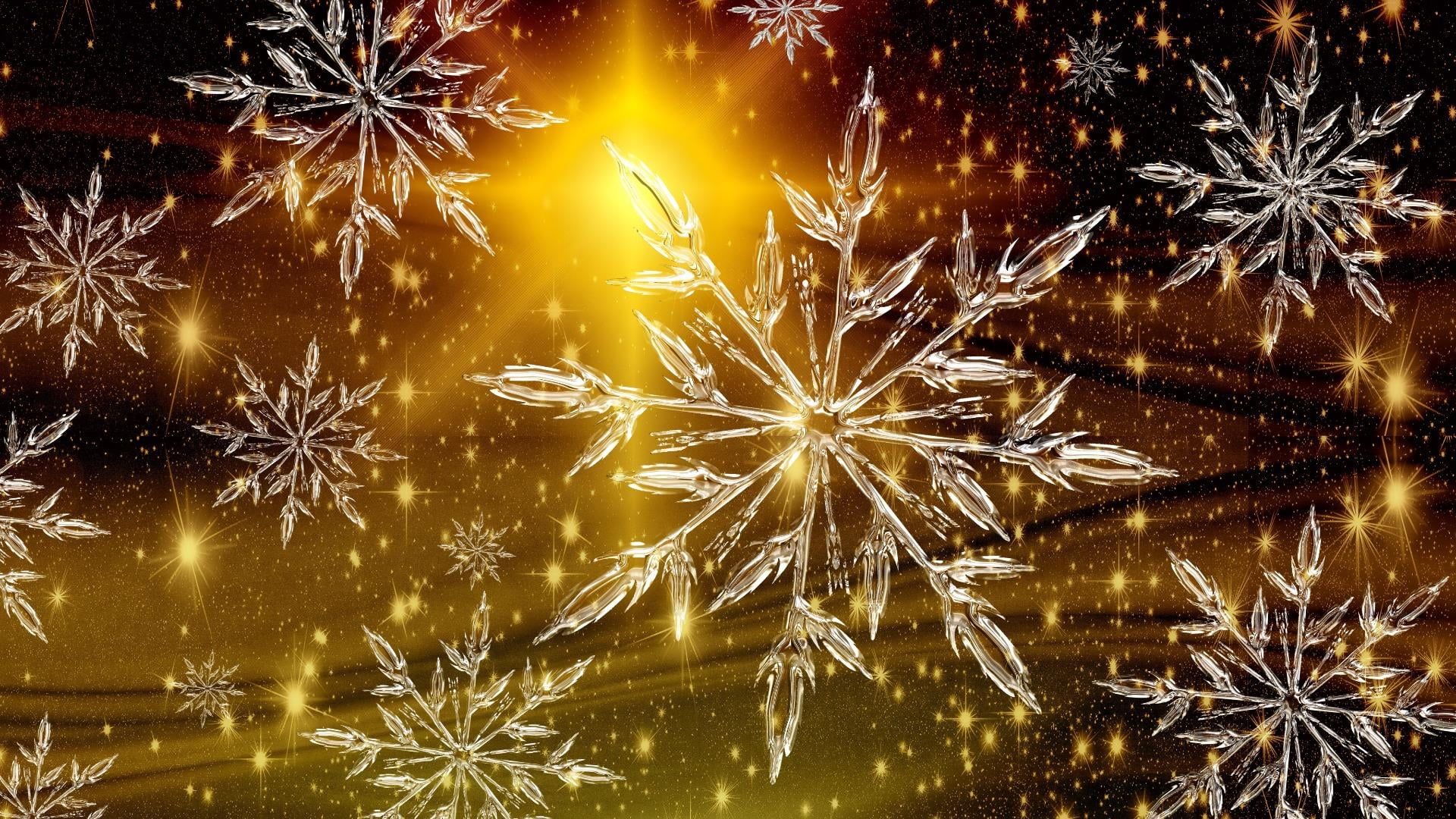 christmas, ice crystal, snowflake, shine, glow, gold, light