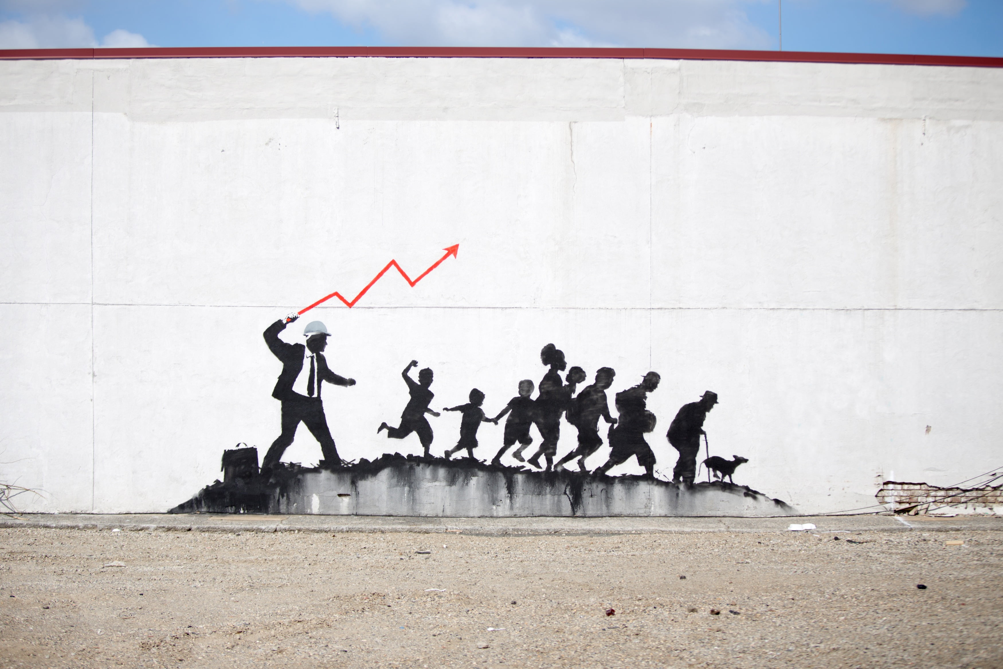Banksy, graffiti, concrete, urban, wall, street art, group of people