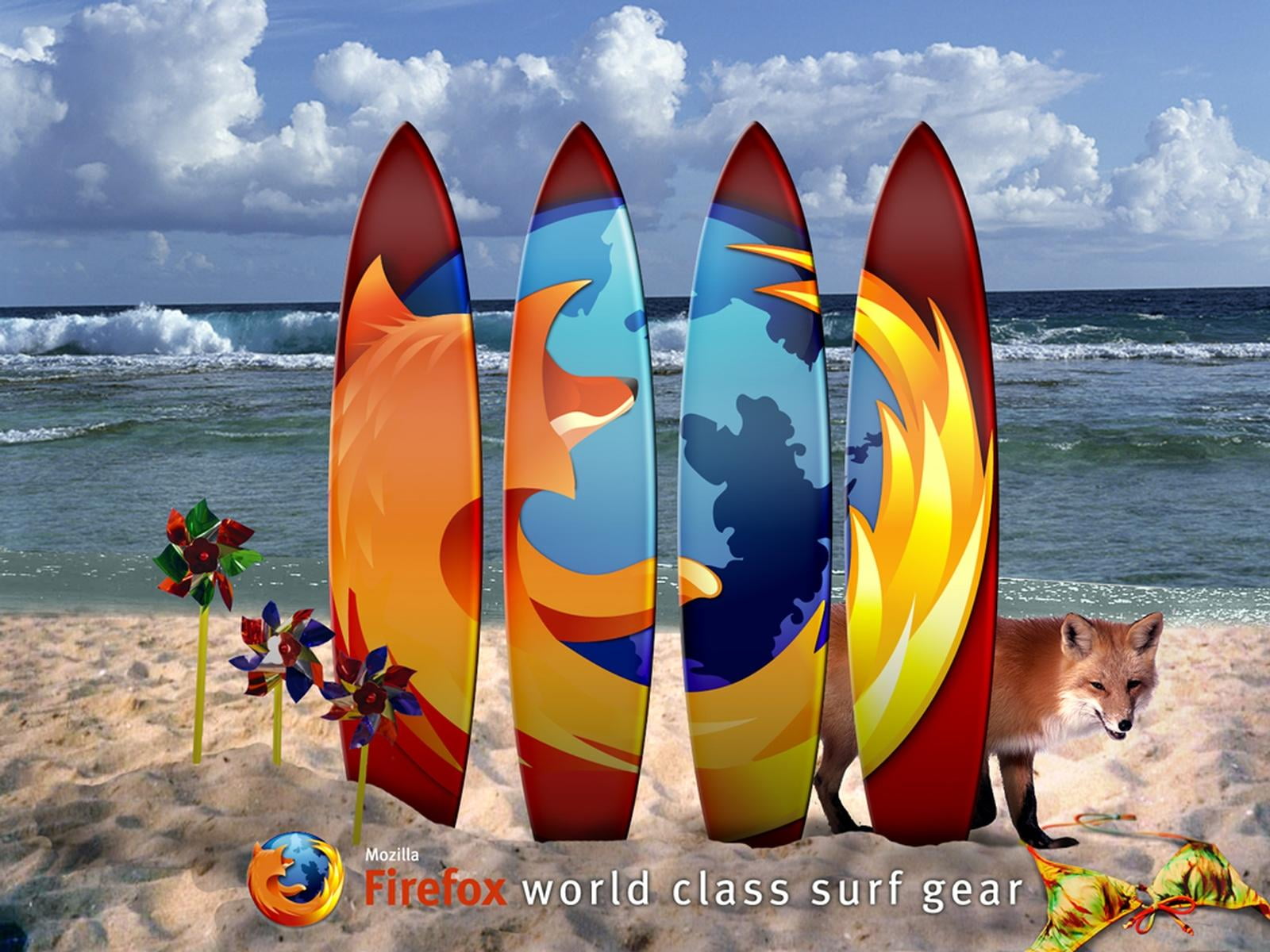Firefox Surf, multicolored surfboards with text overlay, Computers