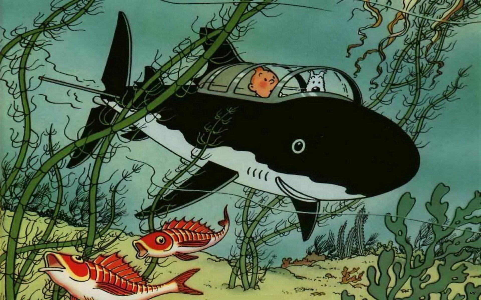 aventuras, comics, submarino, tiburon, tintin