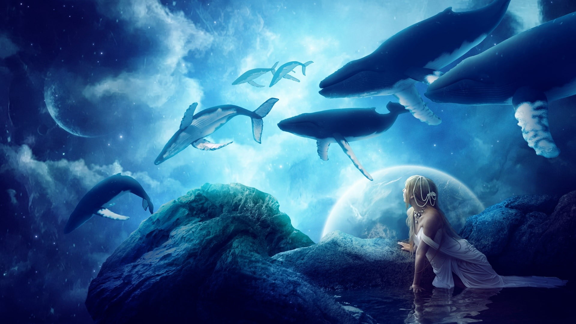 whale, animals, blue, artwork, planet, reflection, fantasy art