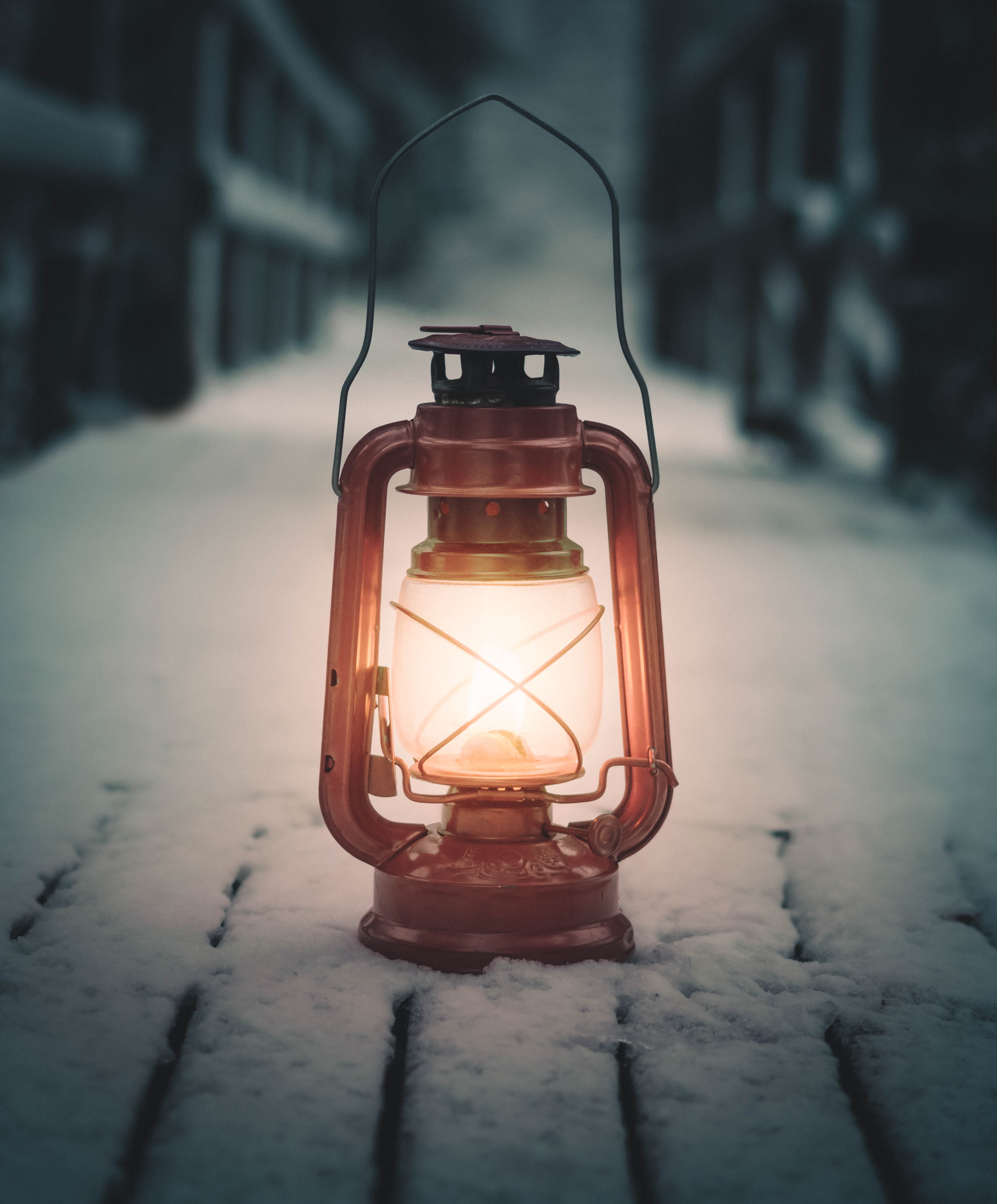 brown kerosene lamp, lantern, snow, winter, old-fashioned, equipment