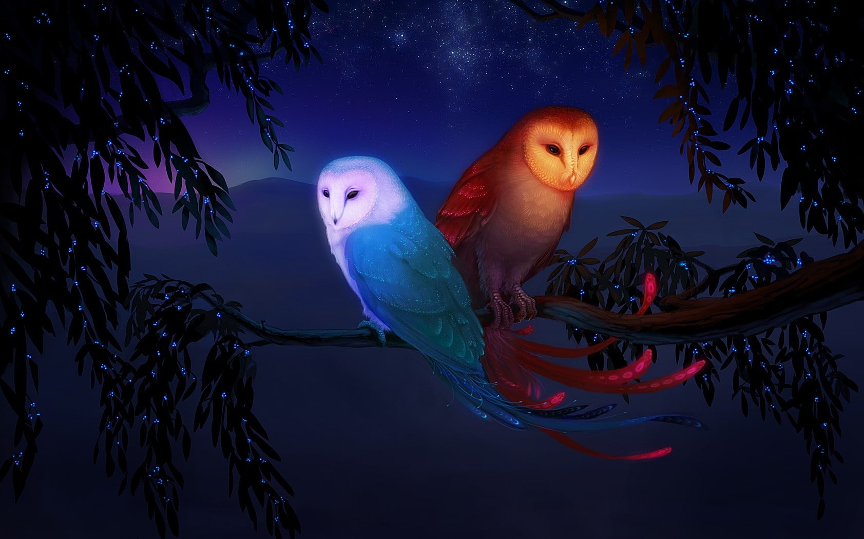 fantasy night moon fantasy art the sun owls digital art 1683x1050  Space Moons HD Art