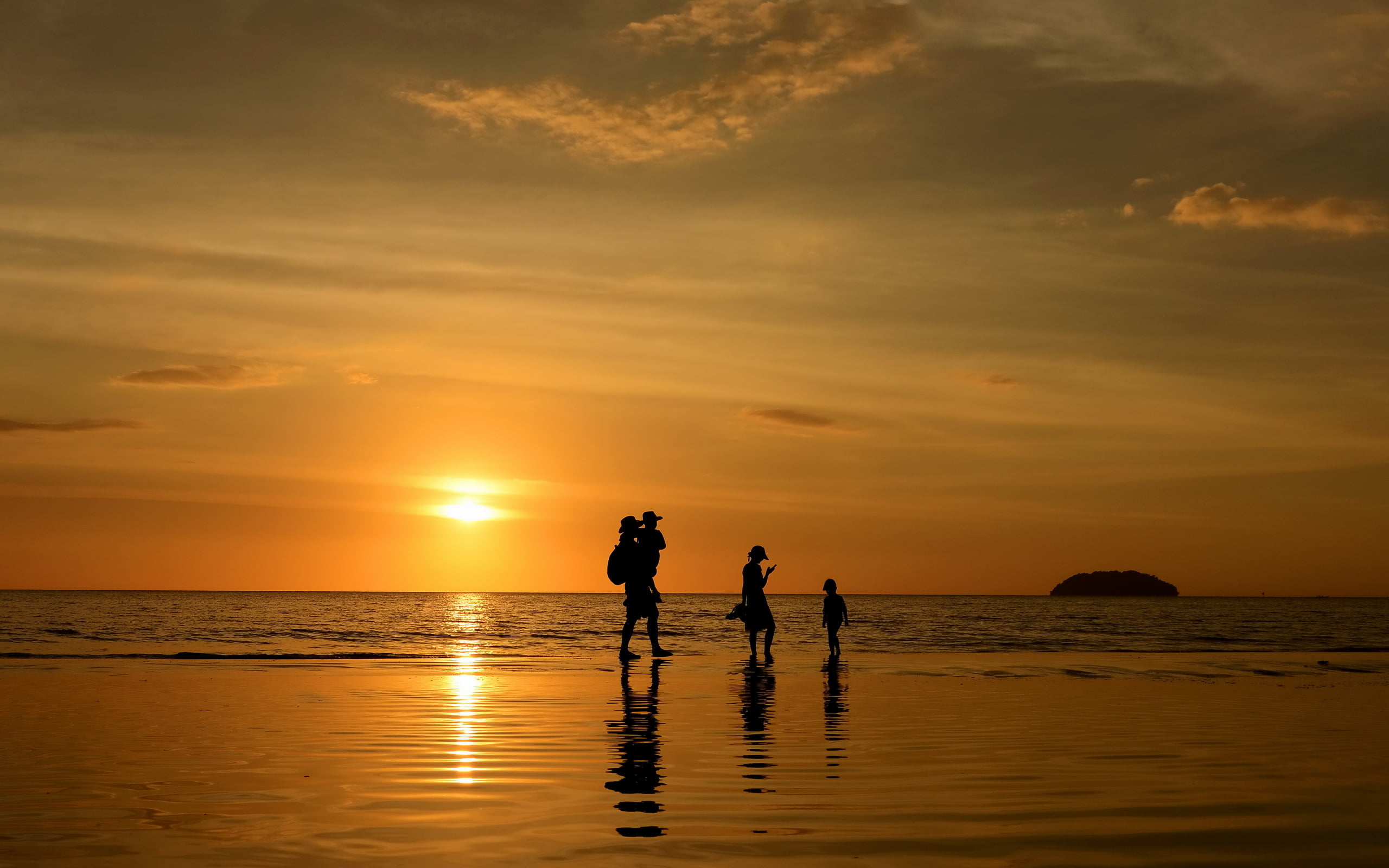 silhouette of people on beach, sea, landscape, sunset, family