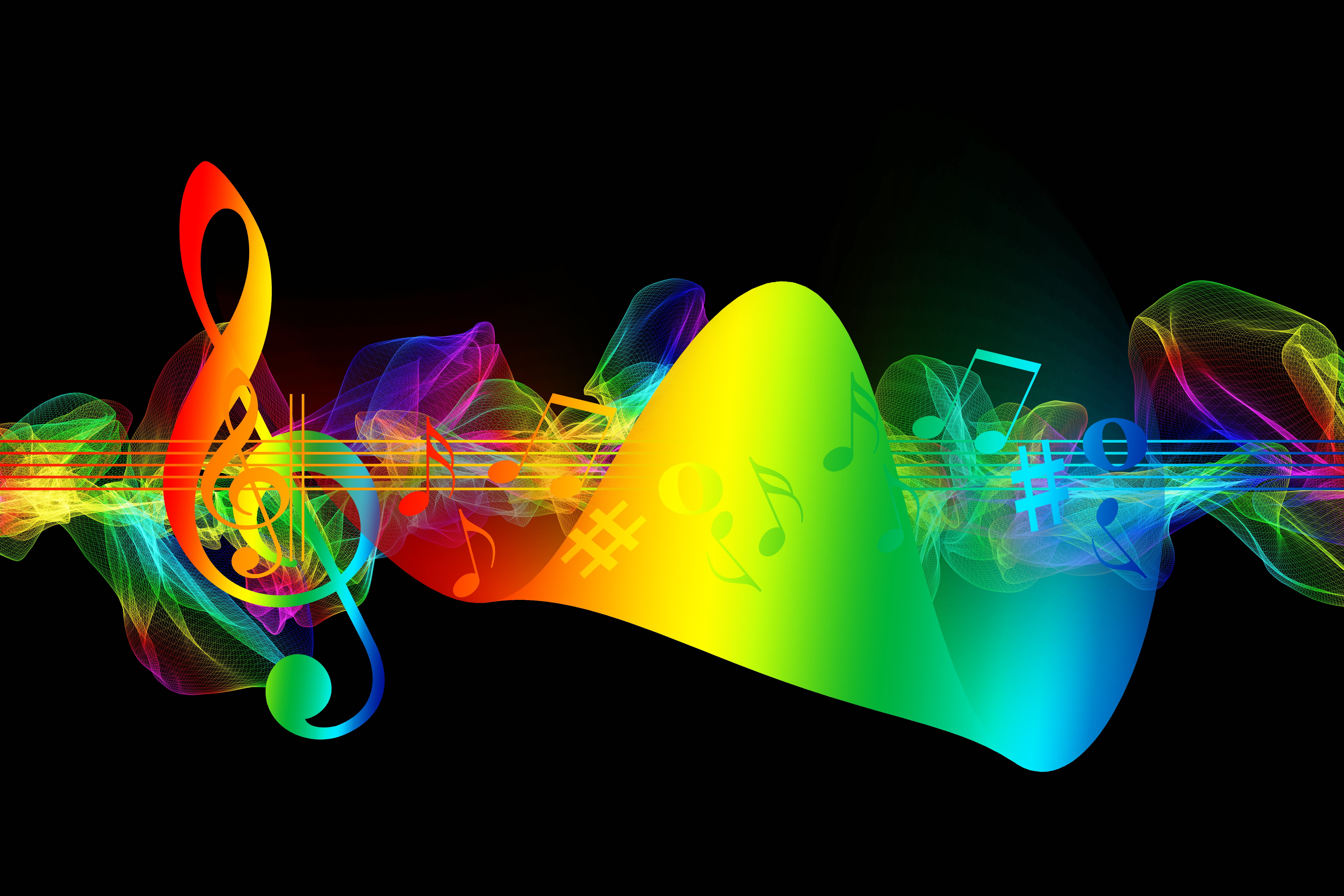 rainbow color musical notes illustration, treble clef, multicolored