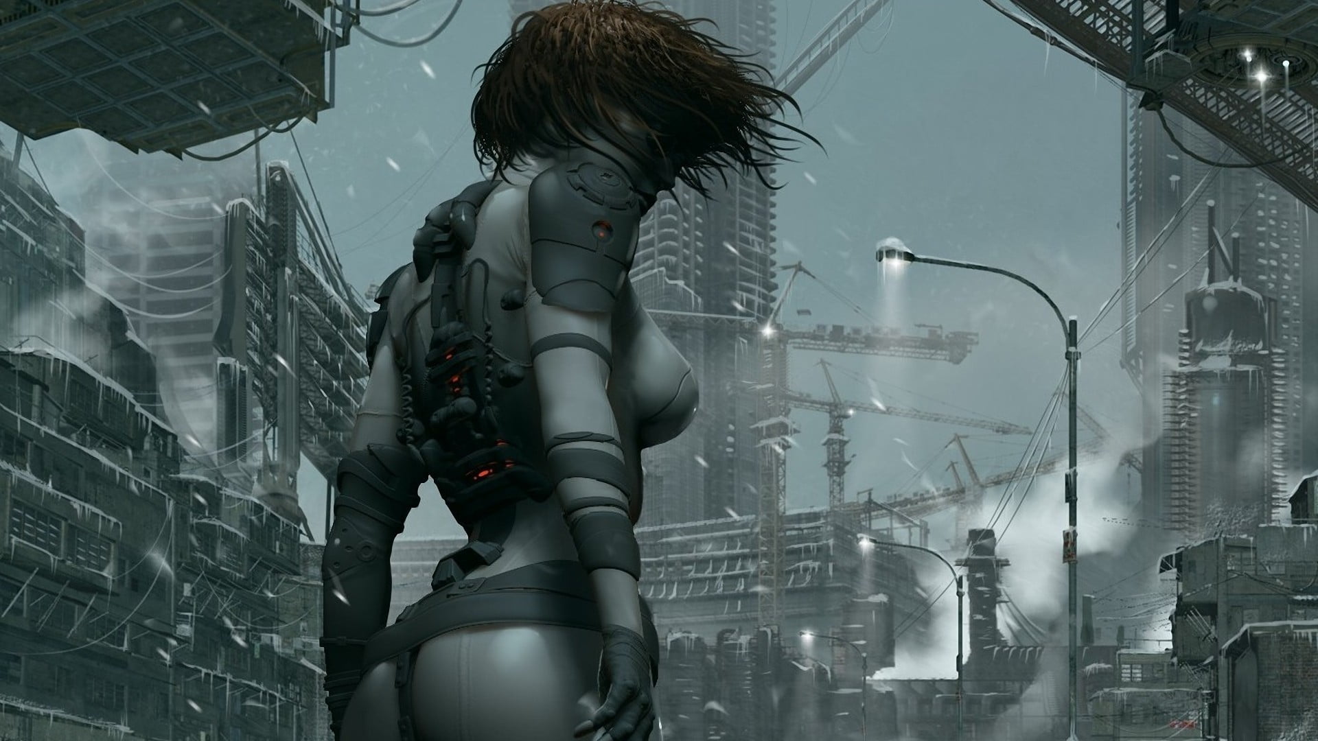 black haired woman character, cyberpunk, futuristic, boobs, ass