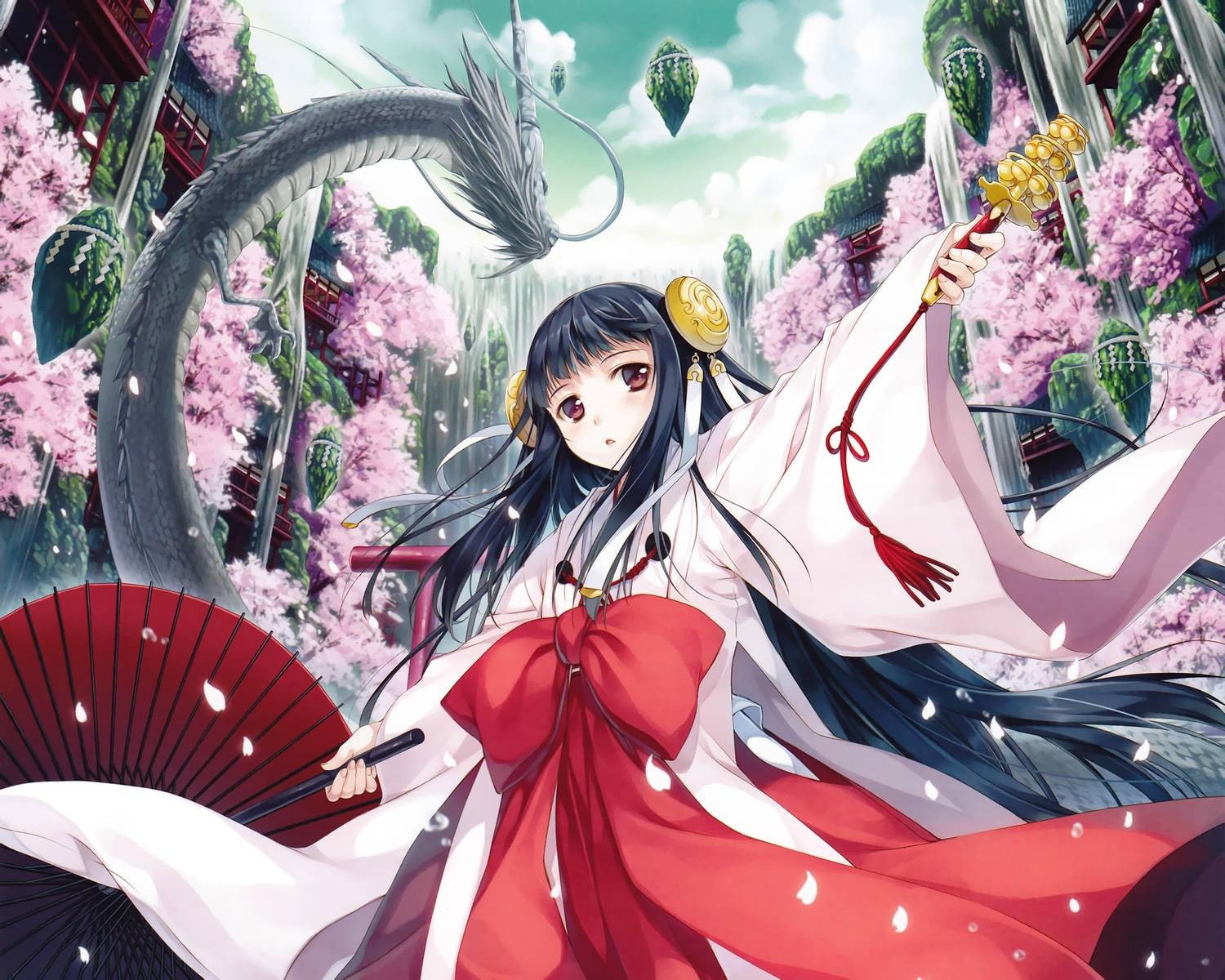 anime girls, cherry blossom, dragon, miko, original characters