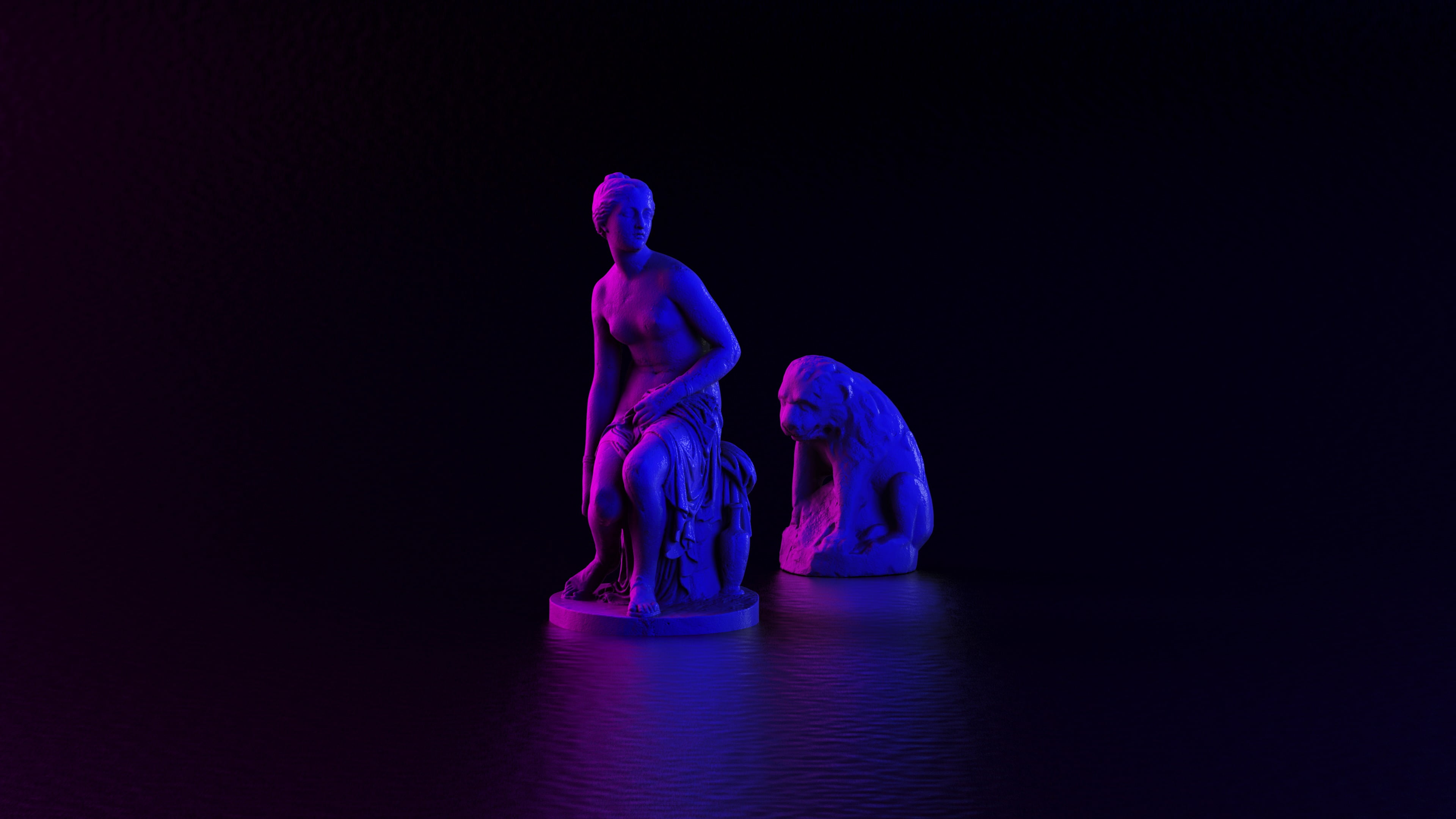 statue, 3D, render, neon lights, women,  4K, stones, marble