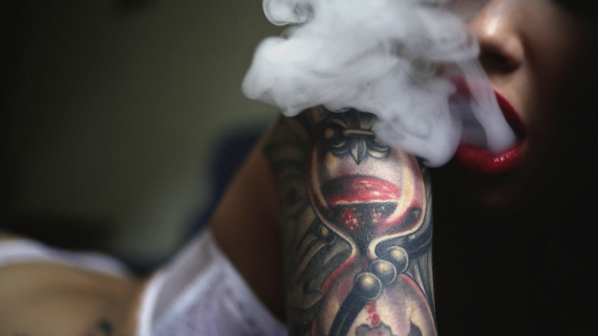 black and red tattoo, model, women, headshot, human body part