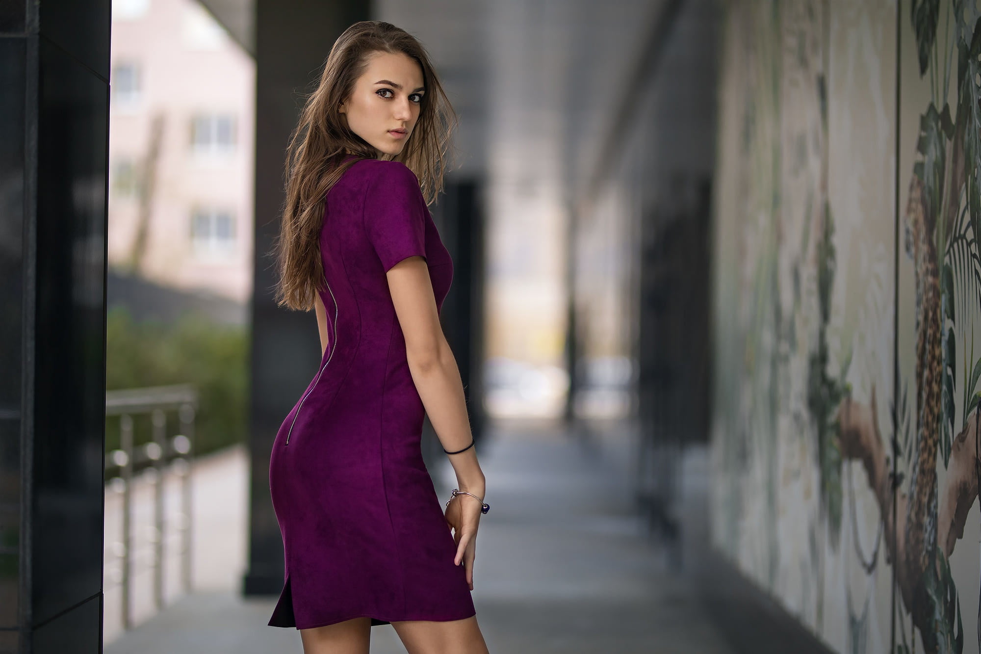 purple, dress, women, model, long hair, purple dresses, tight dress