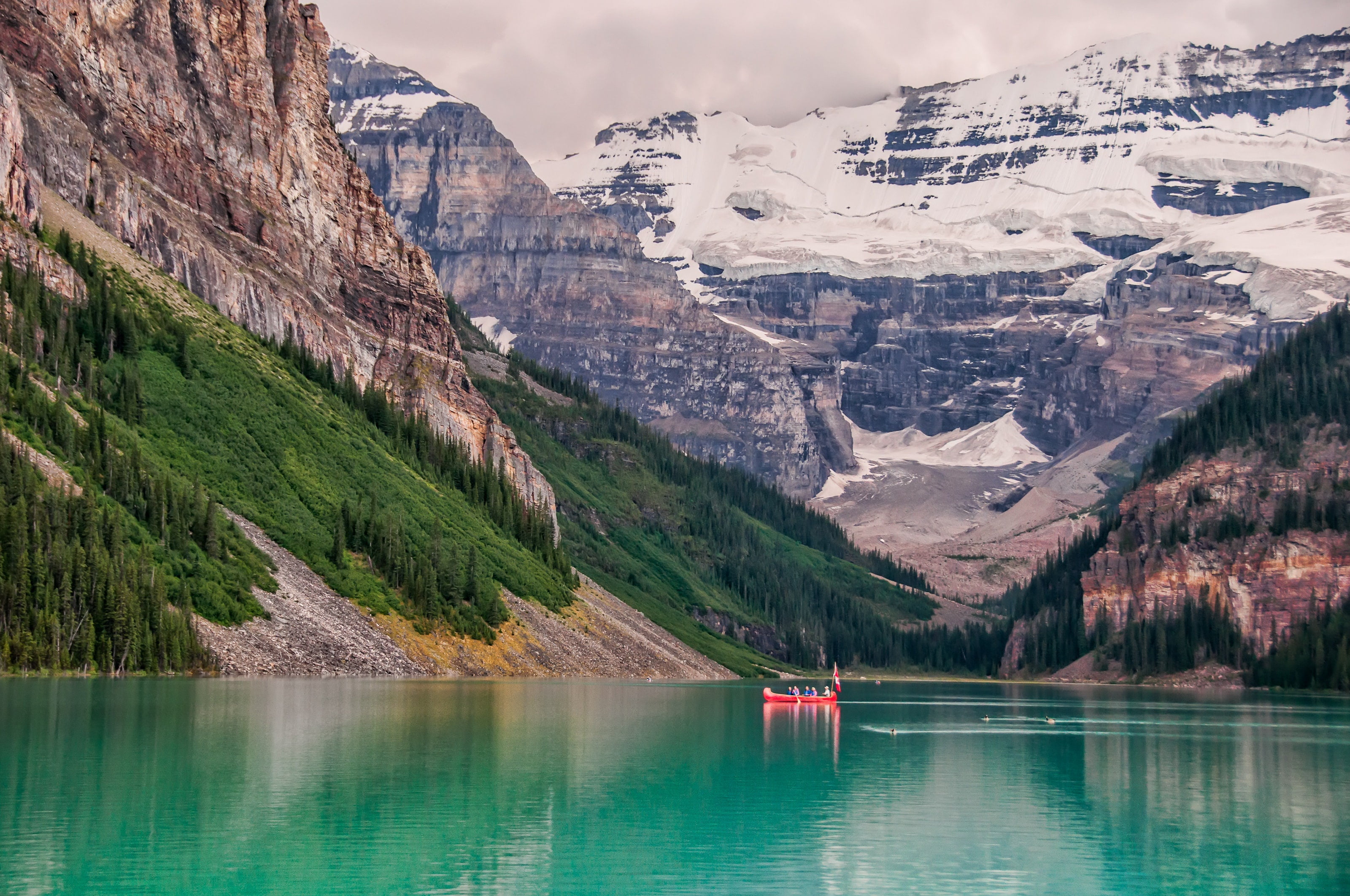 landscape, mountains, nature, lake, boat, the slopes, Canada
