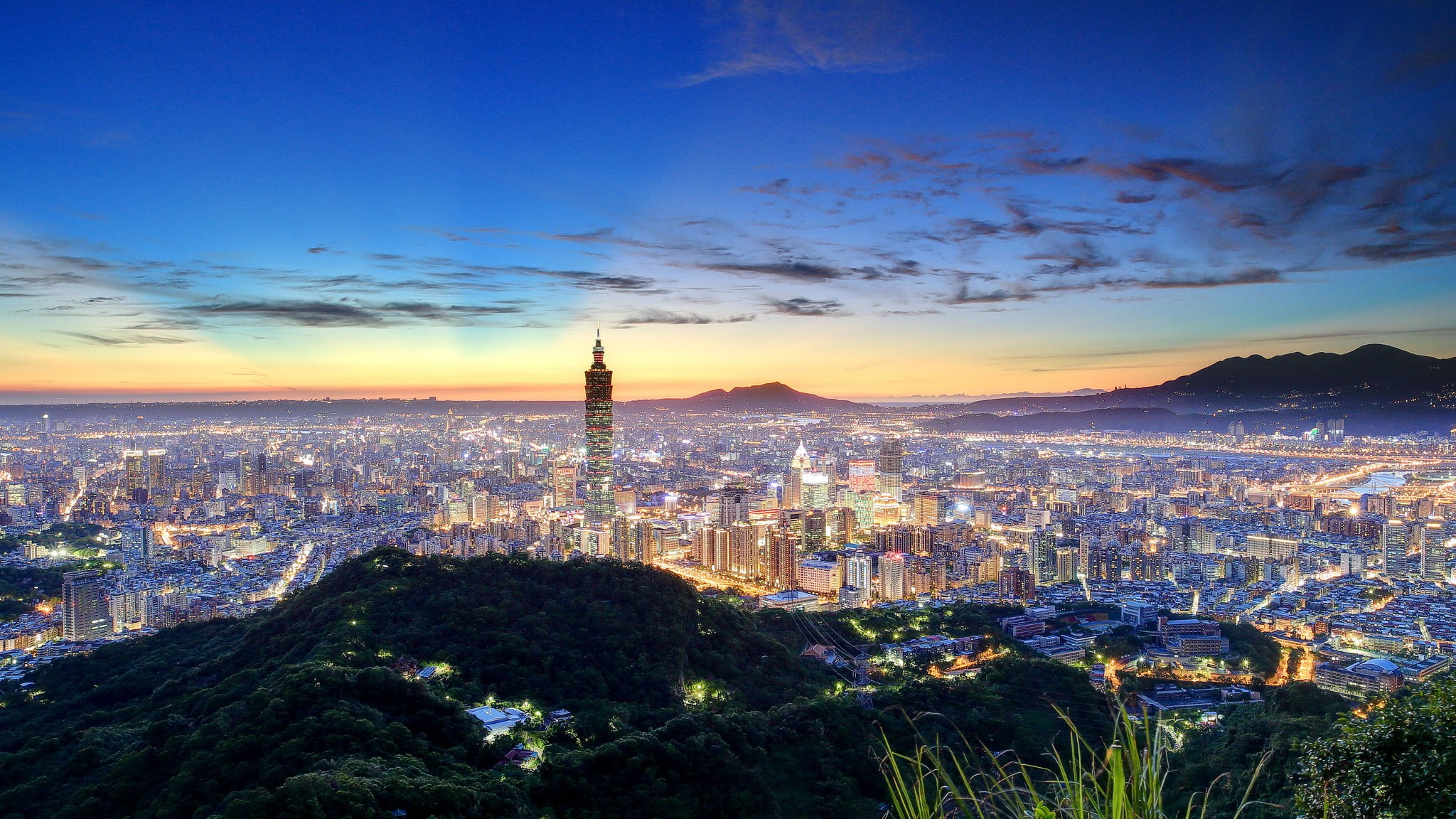 Taipei, Taiwan, China, concrete high rise building, night city skyline
