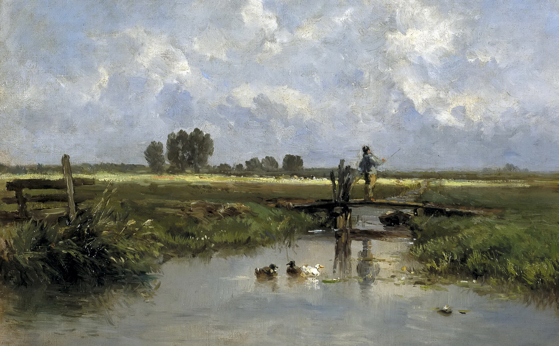 river, stream, picture, fisherman, the bridge, Carlos de Haes