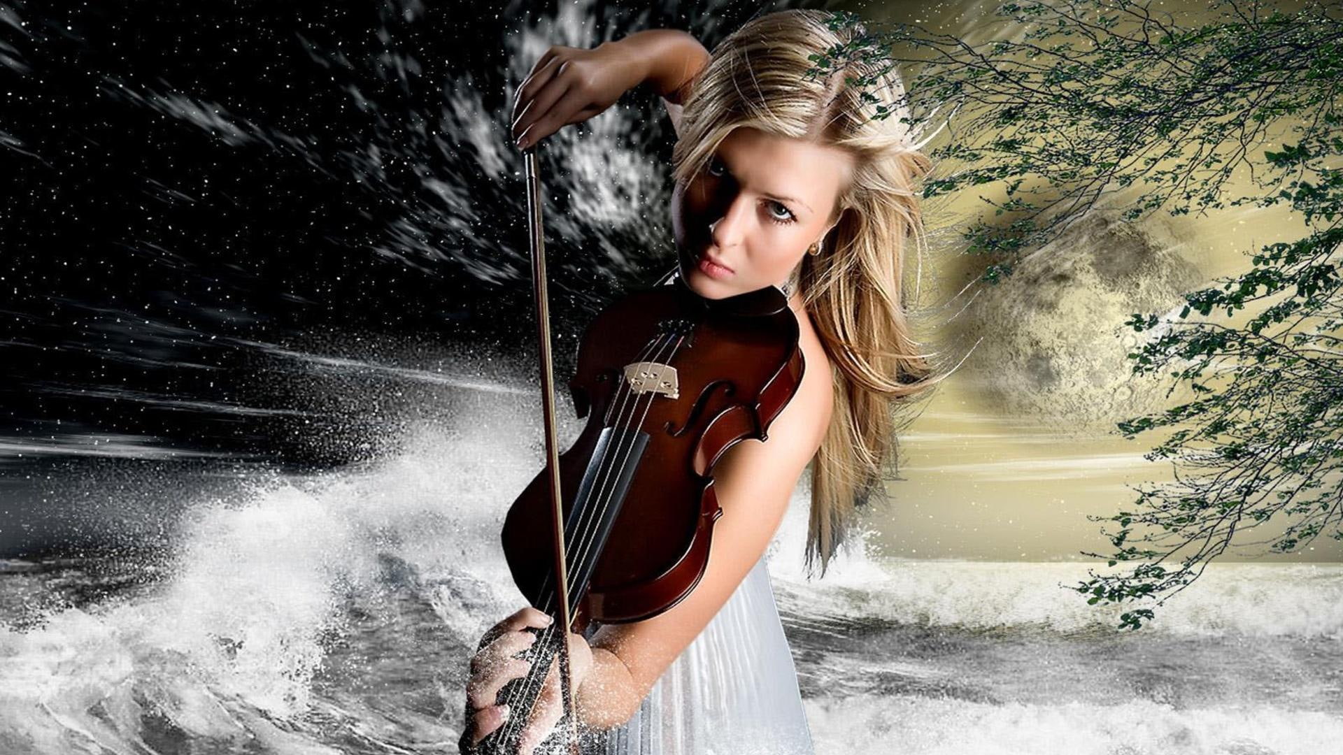 Passion For Music, brown wooden violin, nature, girl, fantasy
